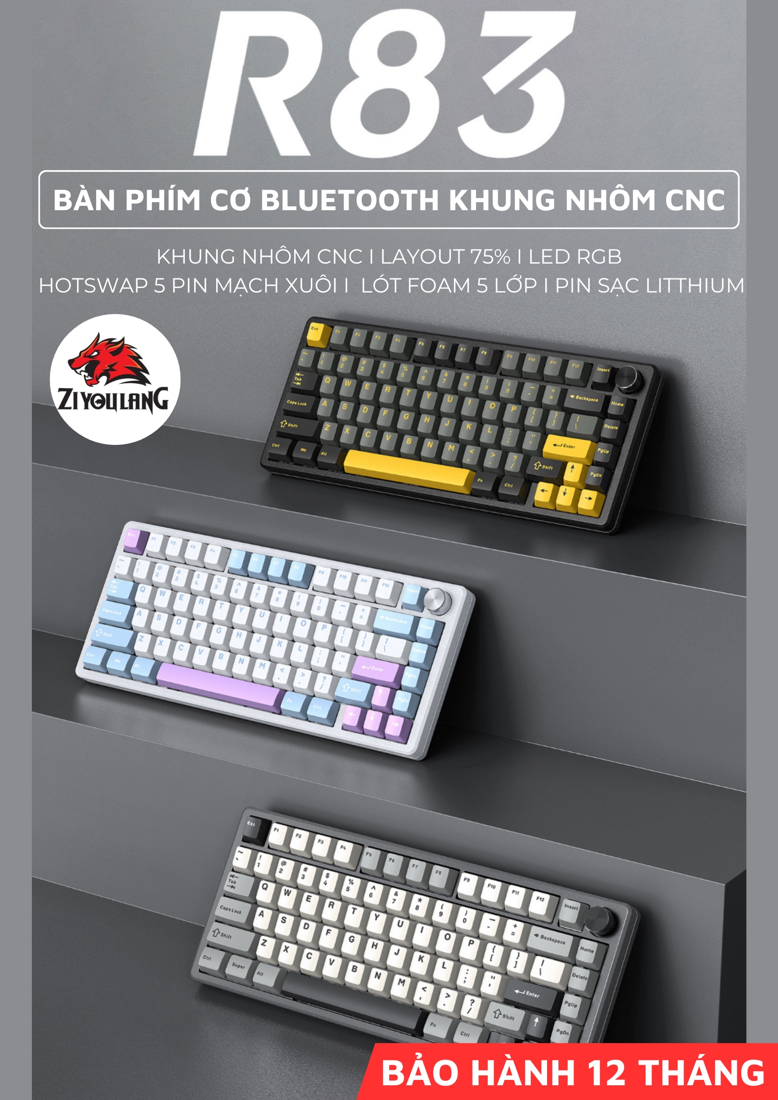 Bàn Phím Cơ Không Dây Ziyoulang Dark Alien R83 Khung Nhôm CNC Cao Cấp ...