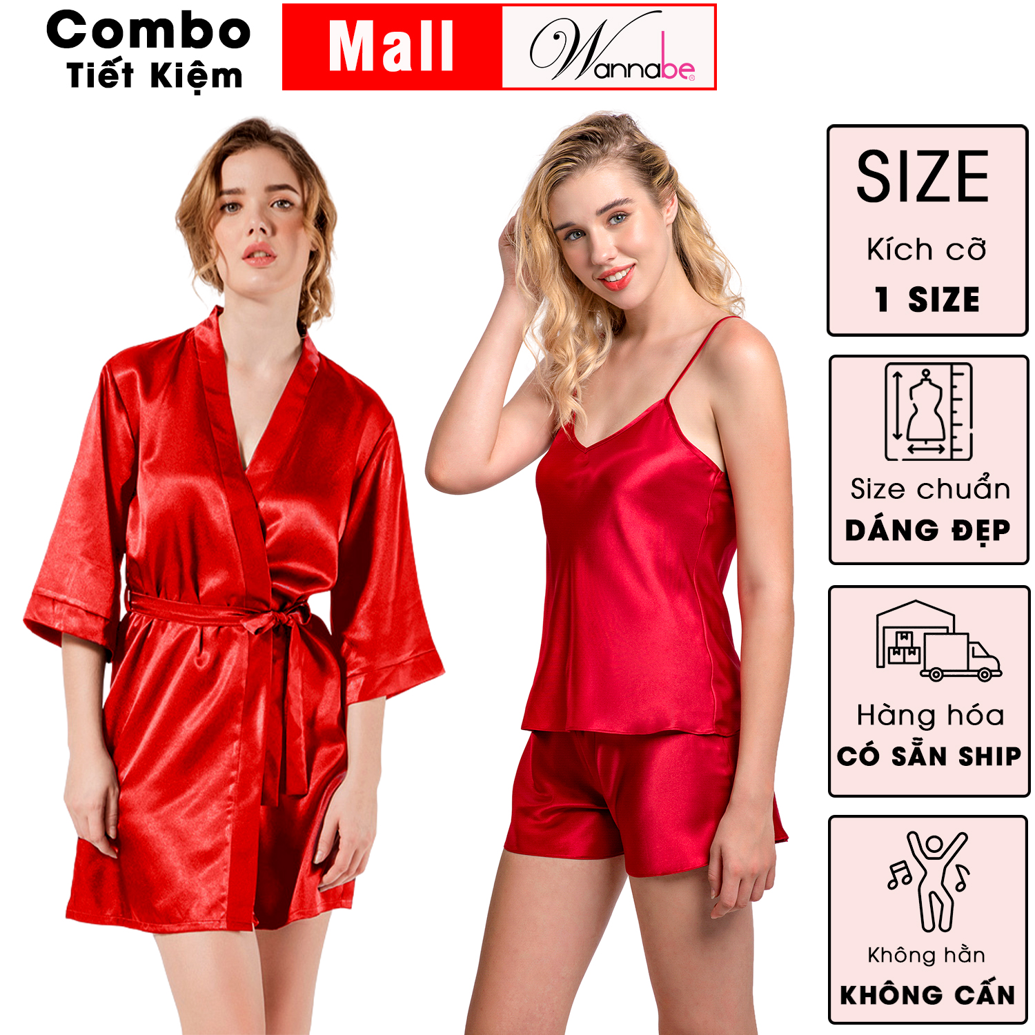 Mô tả Combo áo choàng ngủ bộ đùi nữ lụa mịn WANNABE thoải Mái thời trang tối giản tiết kiệm hơn KI010BS612 - 1