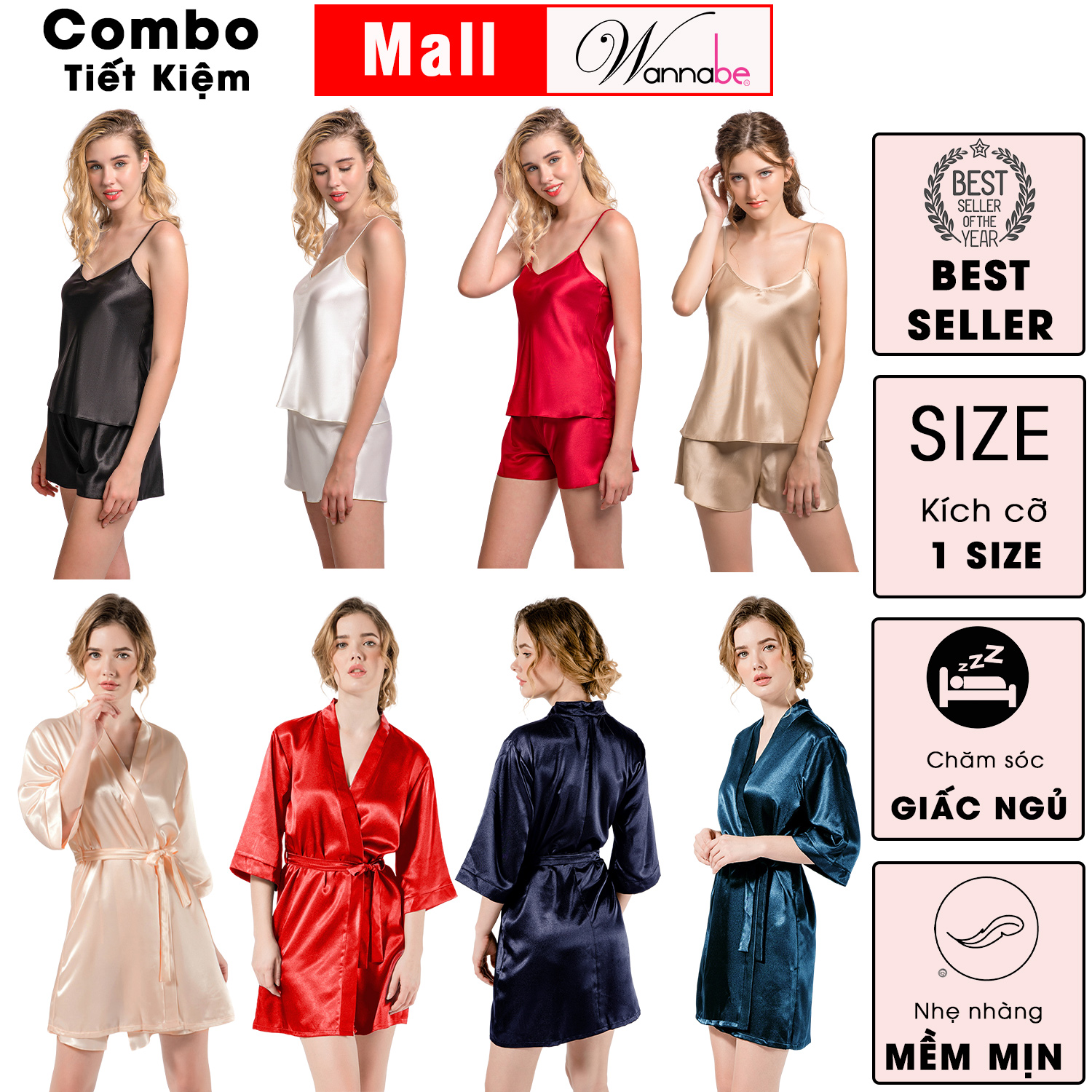 Mô tả Combo áo choàng ngủ bộ đùi nữ lụa mịn WANNABE thoải Mái thời trang tối giản tiết kiệm hơn KI010BS612 - 2