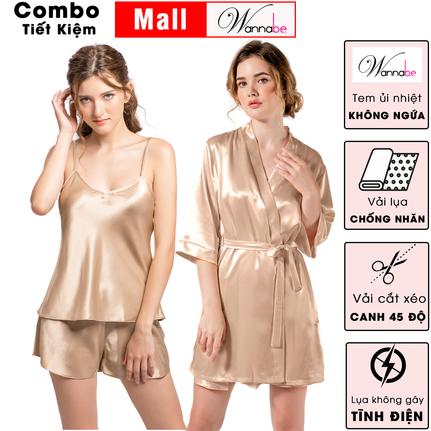 Mô tả Combo áo choàng ngủ bộ đùi nữ lụa mịn WANNABE thoải Mái thời trang tối giản tiết kiệm hơn KI010BS612 - 3