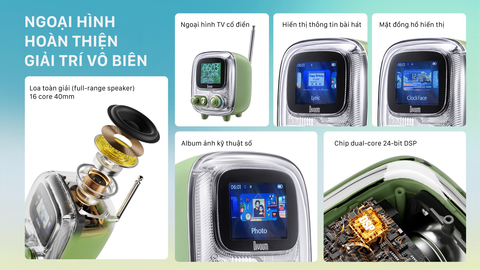 Mô tả Loa bluetooth Divoom Tiivoo 2 màn hình led pixel art, hiển thị lời bài hát, đồng hồ, phong cách retro thiết kế cổ điển - 3