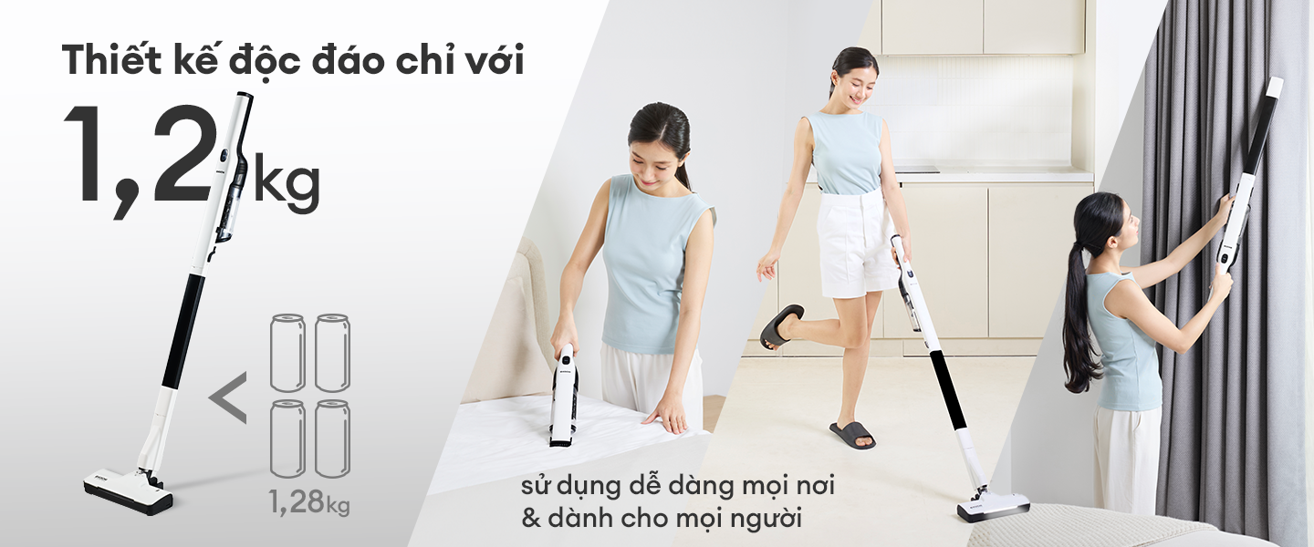 Mô tả Máy hút bụi không dây siêu nhẹ KOCHI F100 - Gọn nhẹ tự đứng, chỉ 1.2Kg - Siêu mạnh 15,000pa - Động cơ BLDC êm ái - 3