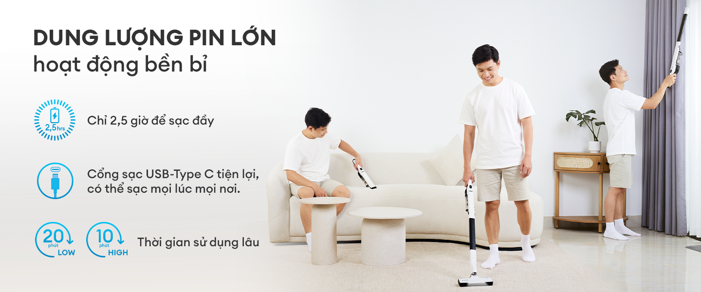 Mô tả Máy hút bụi không dây siêu nhẹ KOCHI F100 - Gọn nhẹ tự đứng, chỉ 1.2Kg - Siêu mạnh 15,000pa - Động cơ BLDC êm ái - 6