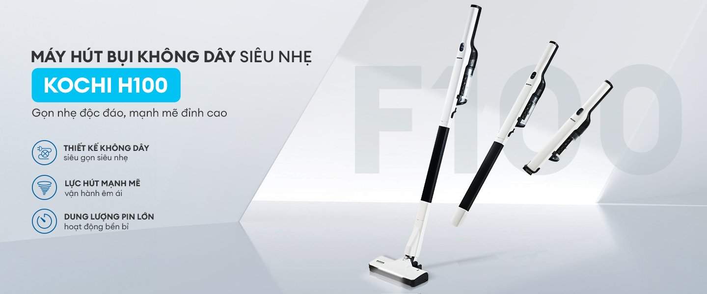 Mô tả Máy hút bụi không dây siêu nhẹ KOCHI F100 - Gọn nhẹ tự đứng, chỉ 1.2Kg - Siêu mạnh 15,000pa - Động cơ BLDC êm ái - 1
