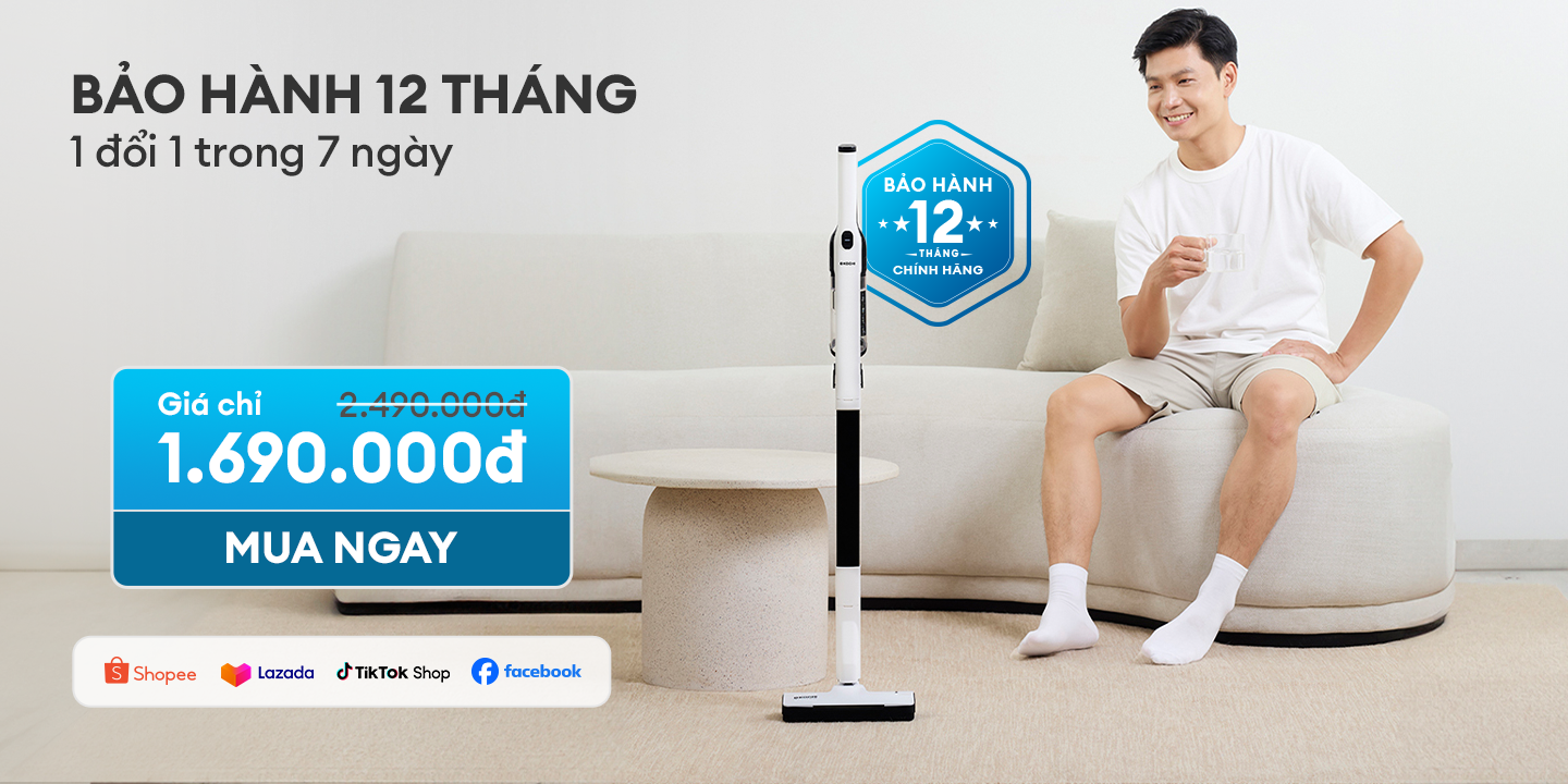 Mô tả Máy hút bụi không dây siêu nhẹ KOCHI F100 - Gọn nhẹ tự đứng, chỉ 1.2Kg - Siêu mạnh 15,000pa - Động cơ BLDC êm ái - 8
