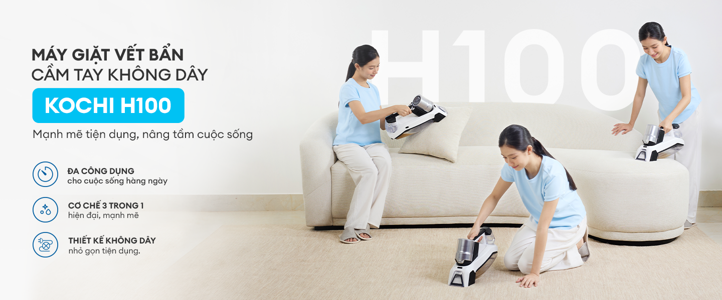 Mô tả Máy Giặt Hút Vết Bẩn KOCHI H100 - Không Dây - 8000Pa - Làm Sạch Thảm, Nệm, Sofa - Pin 2000mAh - Sạc Type-C - 2