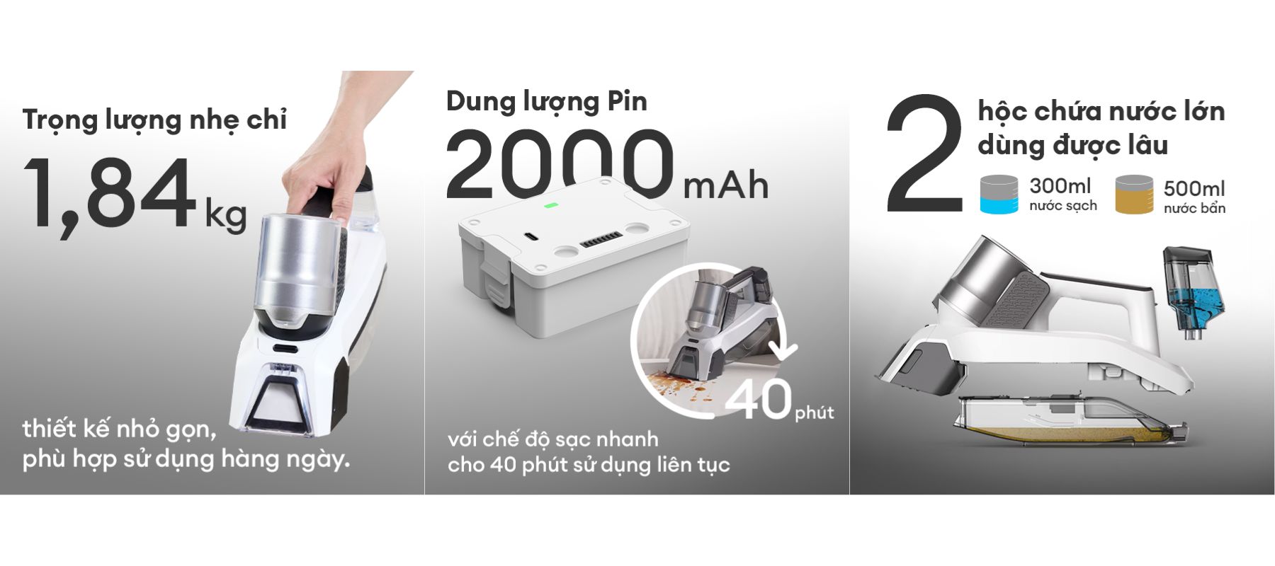 Mô tả Máy Giặt Hút Vết Bẩn KOCHI H100 - Không Dây - 8000Pa - Làm Sạch Thảm, Nệm, Sofa - Pin 2000mAh - Sạc Type-C - 5