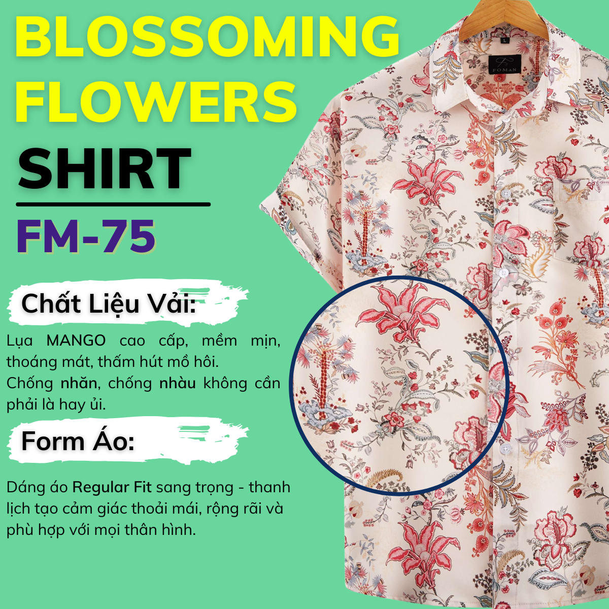 Mô tả Áo sơ mi tay ngắn nam FOMAN chính hãng, hoạ tiết BLOSSOMING FLOWERS, vải Lụa Mango thoáng mát, thấm hút, mềm mịn | FM-75 - 1