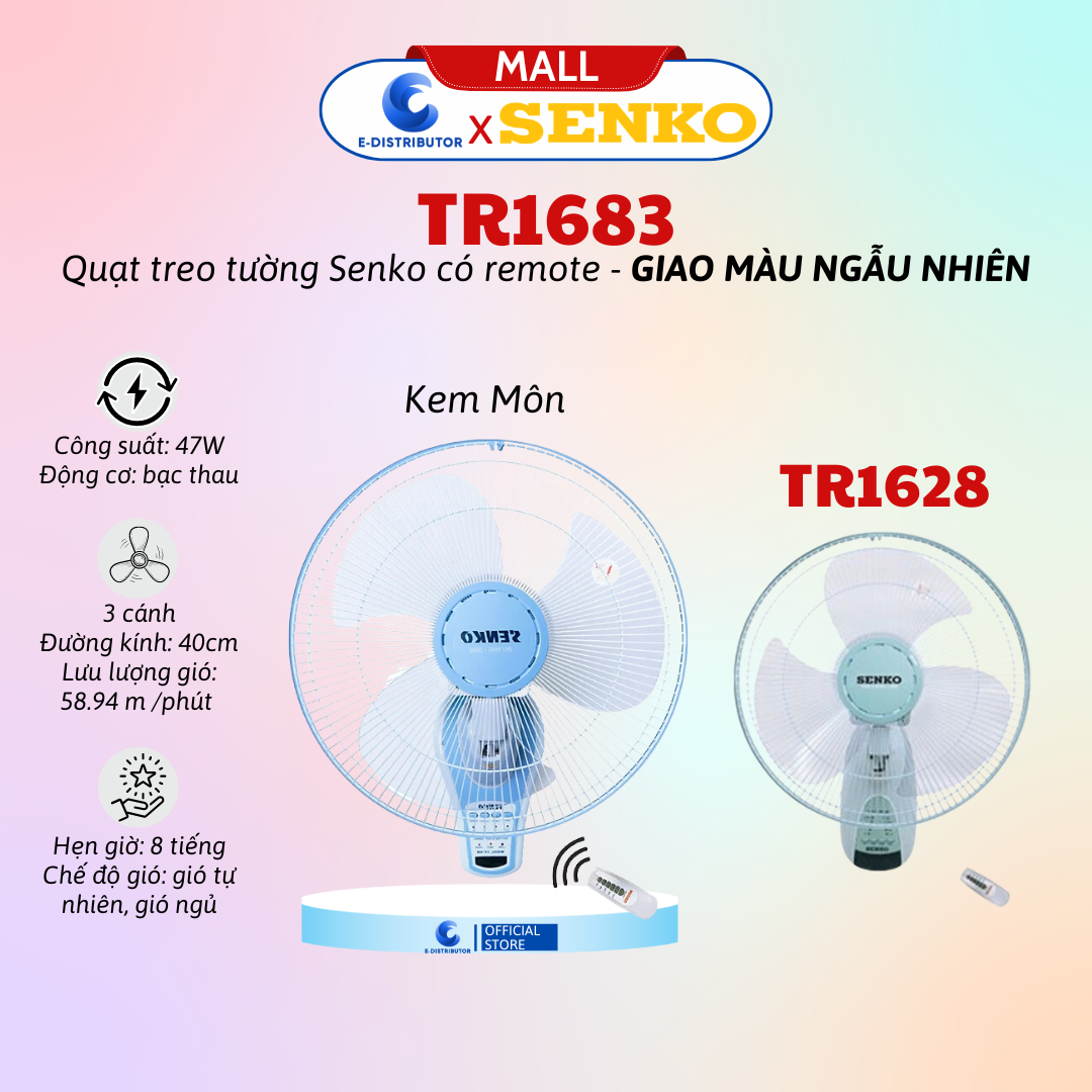 Mô tả Quạt treo tường SENKO TR1628/TR1683 có Remote - T1680/T1682 1 dây KHÔNG remote - Giao màu ngẫu nhiên - 1