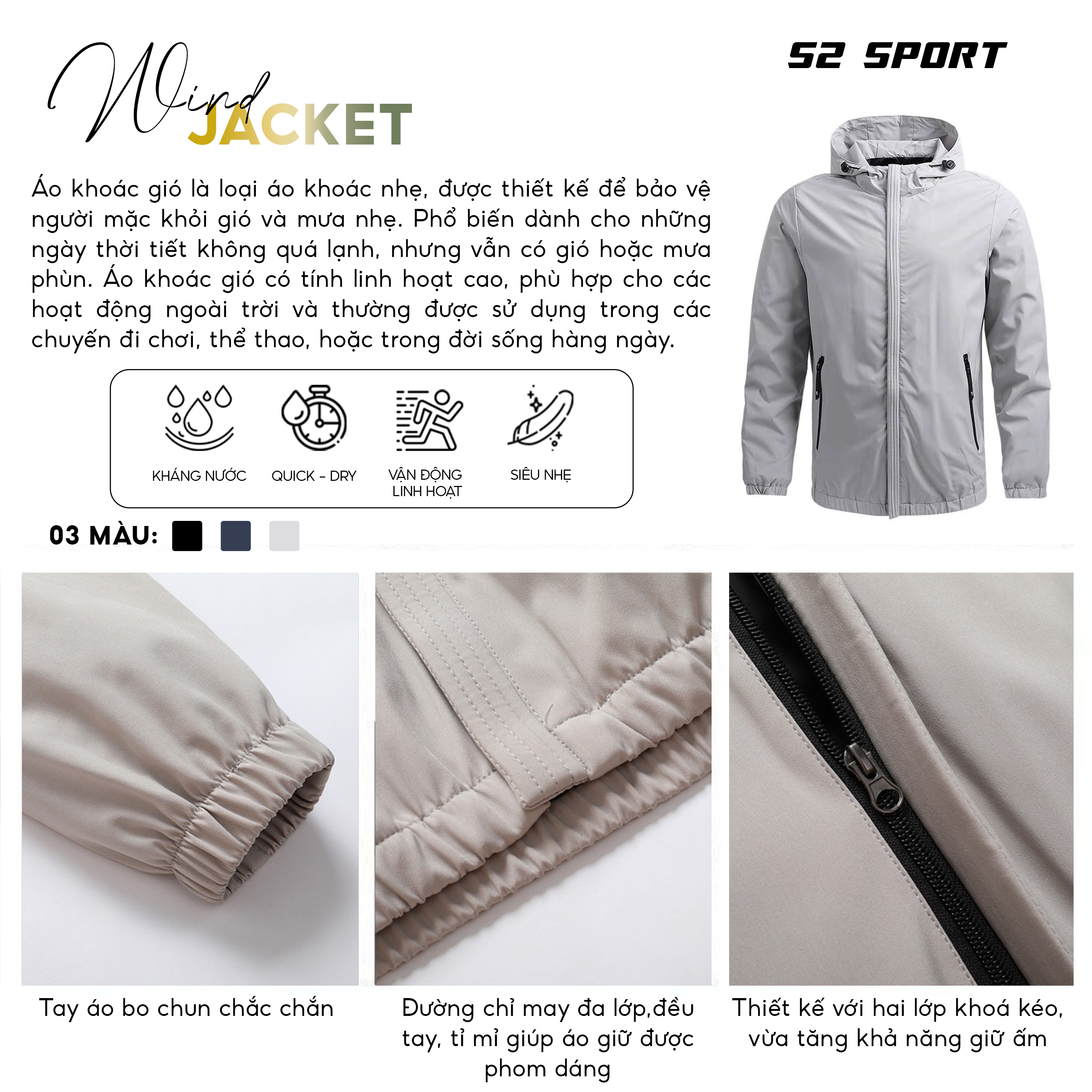 Áo khoác gió nam cao cấp S2 SPORT jacket nam có mũ chống gió chống bụi ...