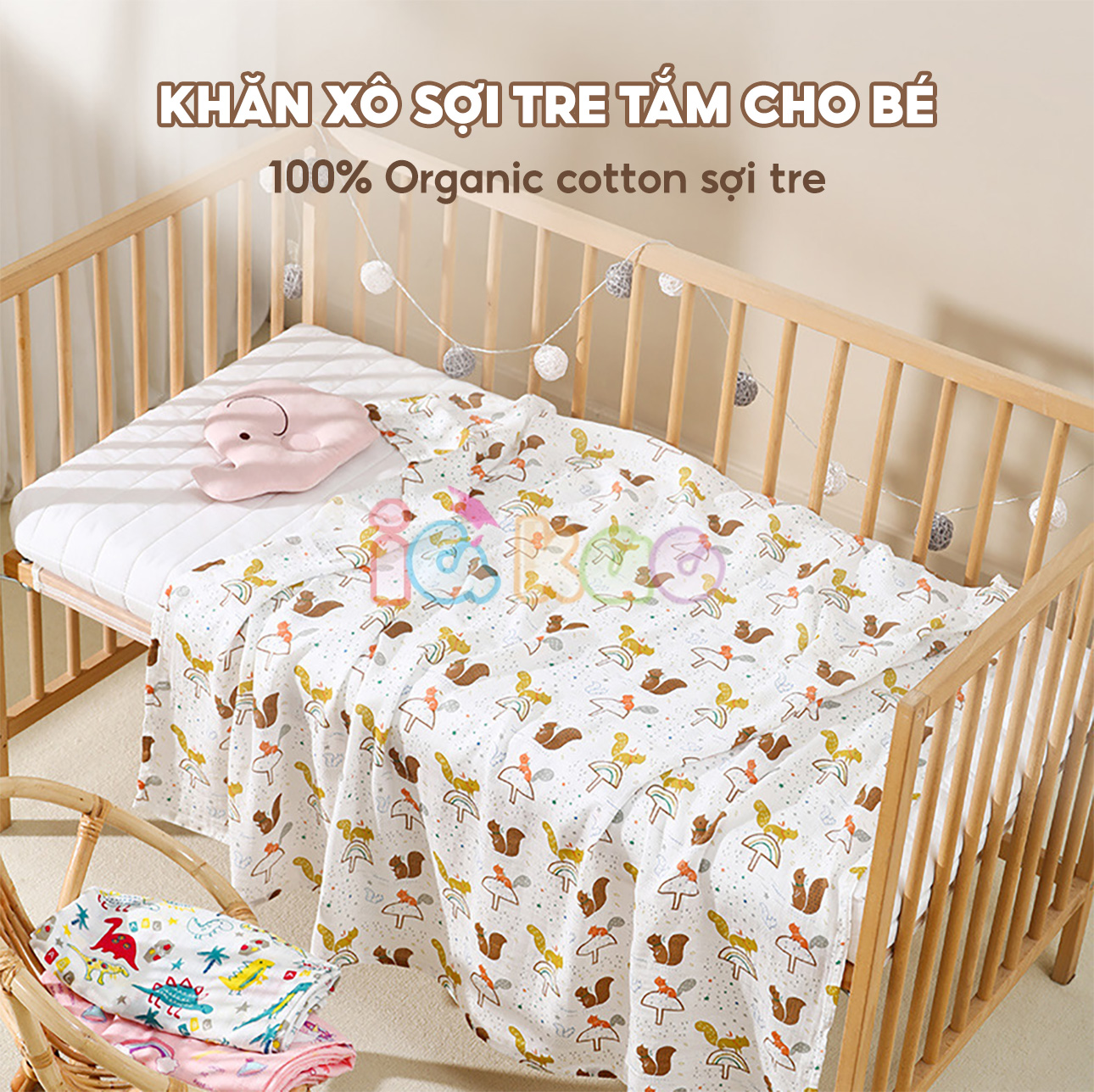 Mô tả Khăn xô tắm sợi tre khăn lau đa năng cho trẻ 120x100cm IQKAO, chăn quấn đắp an toàn họa tiết xinh xắn đáng yêu KT21 - 5