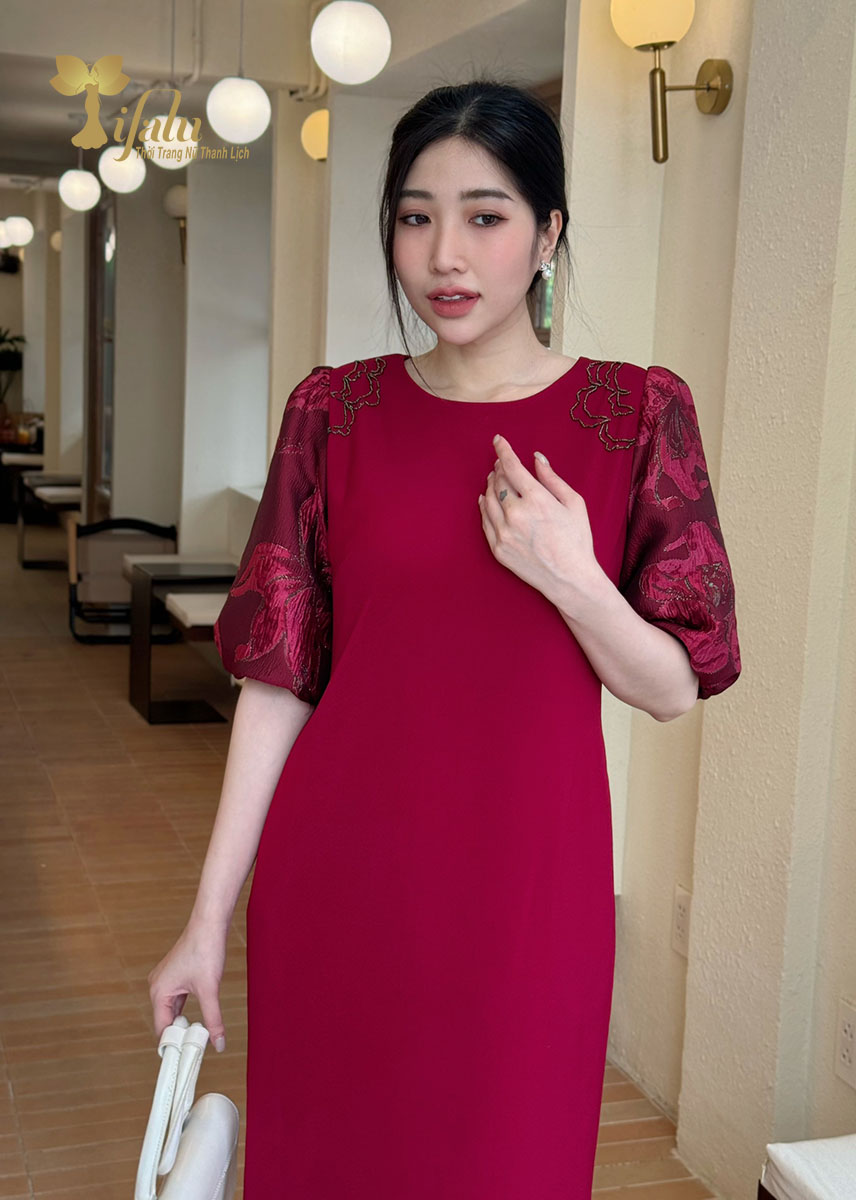 Mô tả Đầm dự tiệc trung niên Zol by TIFALU dáng suông màu đỏ sang trọng - ZOL319RED - 2