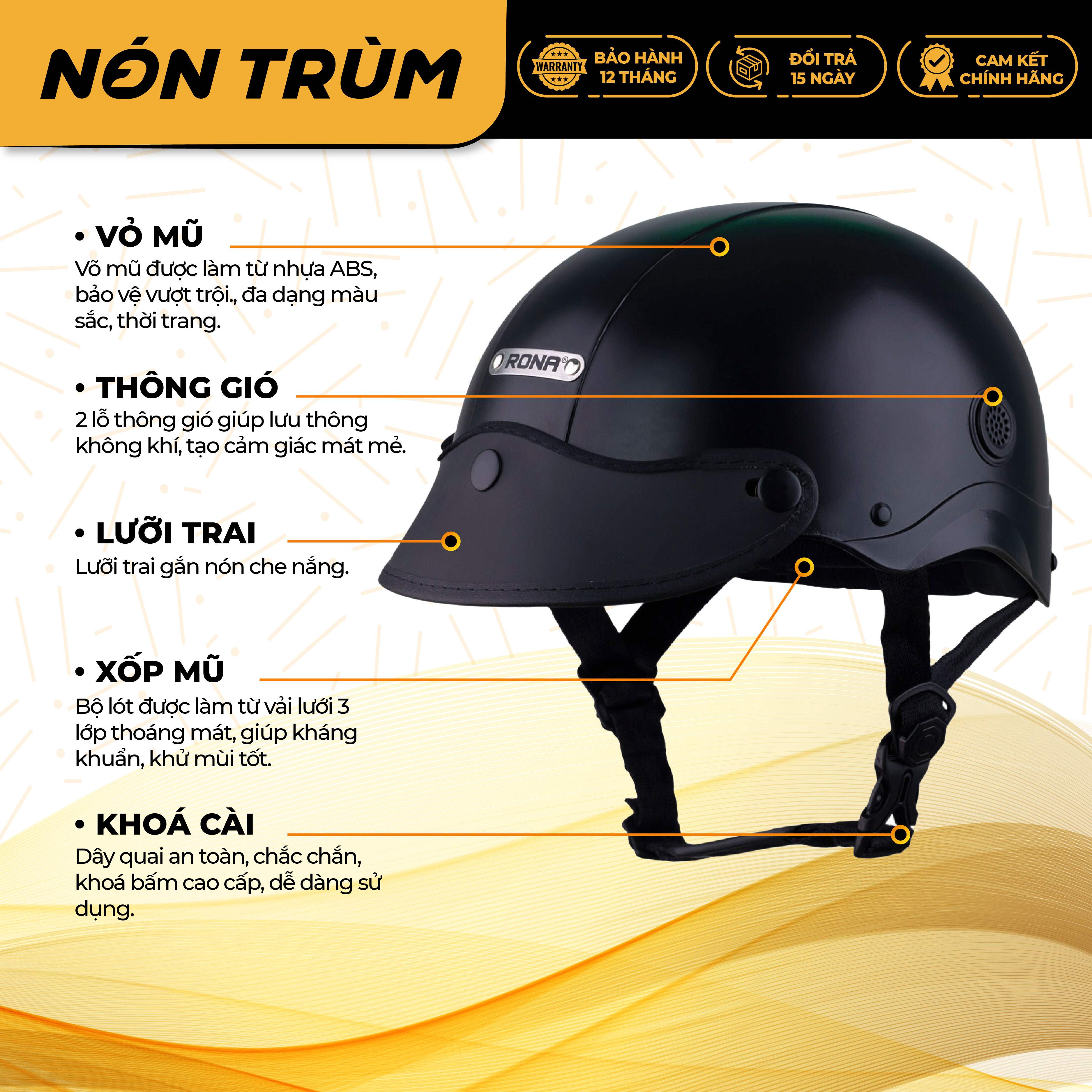 Mô tả Mũ bảo hiểm 1/2 Rona R5 freeship toàn quốc, bảo hành 12 tháng tại hệ thống Nón Trùm - 3
