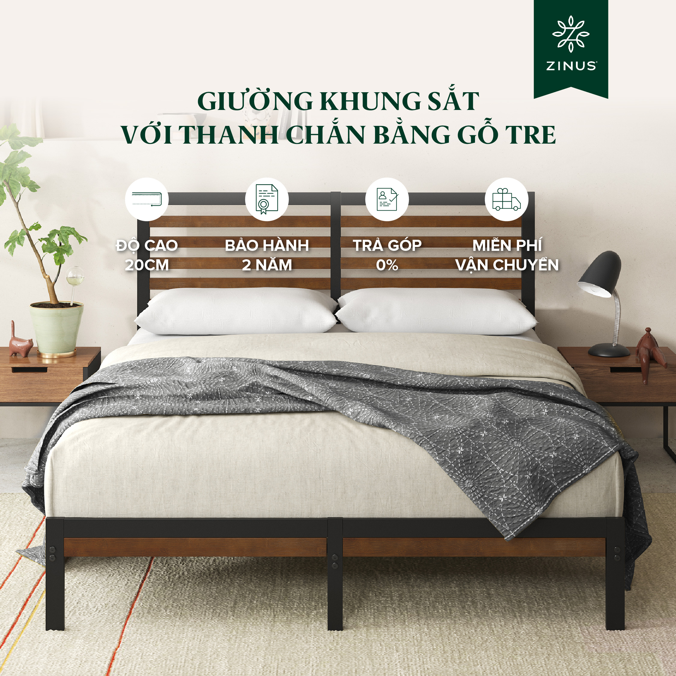 Mô tả Giường Khung Sắt Với Thanh Chắn Bằng Gỗ Tre  -  Kai Bamboo and Metal Platform Bed Frame & Headboard - 1