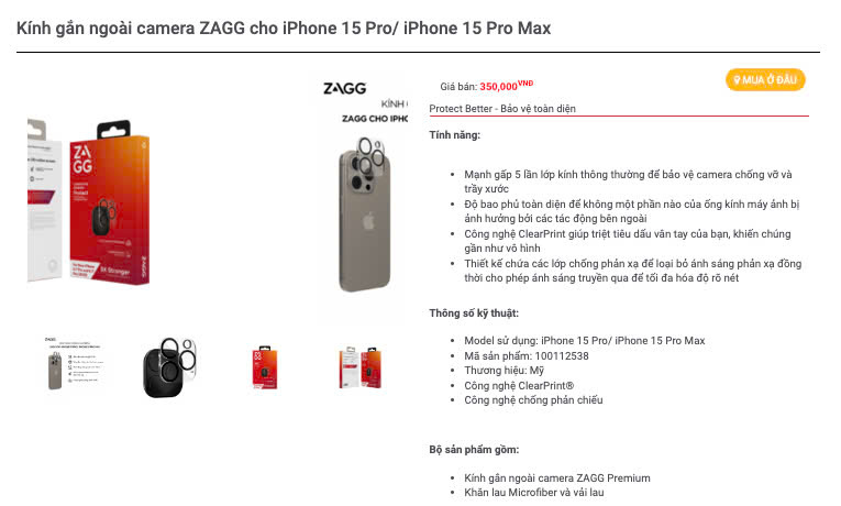 Mô tả [iPhone 16/15] Dán bảo vệ CAMERA cao cấp ZAGG Premium/Luxury công nghệ ion tối đa độ rõ nét, ClearPrint - 1
