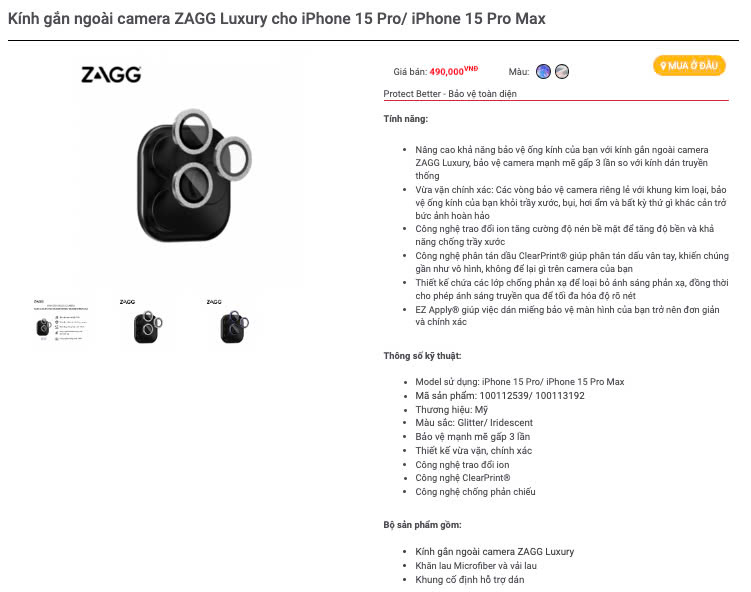 Mô tả [iPhone 16/15] Dán bảo vệ CAMERA cao cấp ZAGG Premium/Luxury công nghệ ion tối đa độ rõ nét, ClearPrint - 3