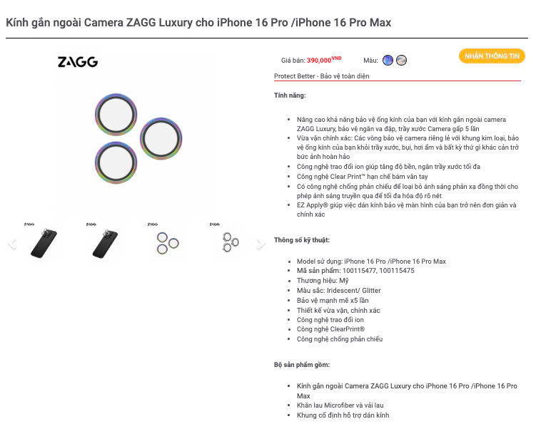 Mô tả [iPhone 16/15] Dán bảo vệ CAMERA cao cấp ZAGG Premium/Luxury công nghệ ion tối đa độ rõ nét, ClearPrint - 4