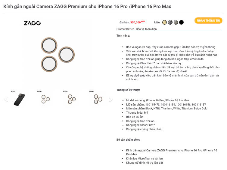 Mô tả [iPhone 16/15] Dán bảo vệ CAMERA cao cấp ZAGG Premium/Luxury công nghệ ion tối đa độ rõ nét, ClearPrint - 5