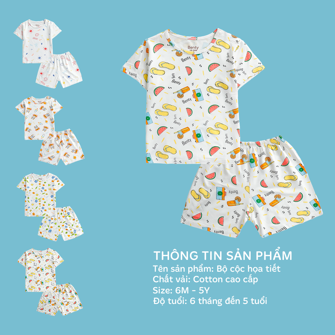 Mô tả Bộ cộc tay cài vai BENTY full họa tiết mới bé trai bé gái, bộ đồ trẻ em mặc hè phong cách Hàn - 1