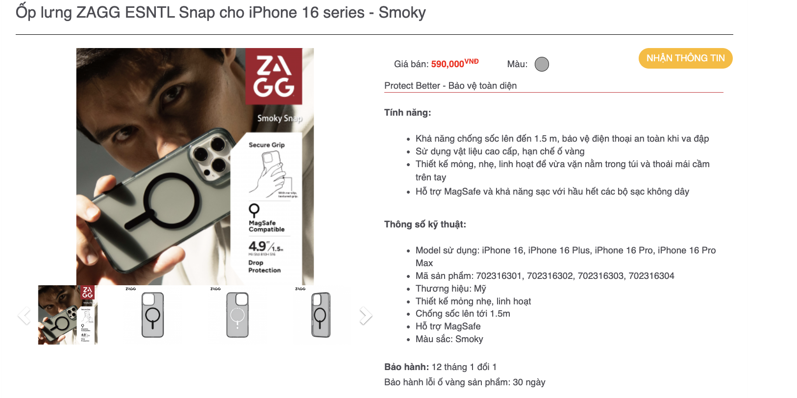 Mô tả Ốp lưng trong ZAGG Clear / Clear Magsafe / Smoky Magsafe chống sốc 1.5m - 3