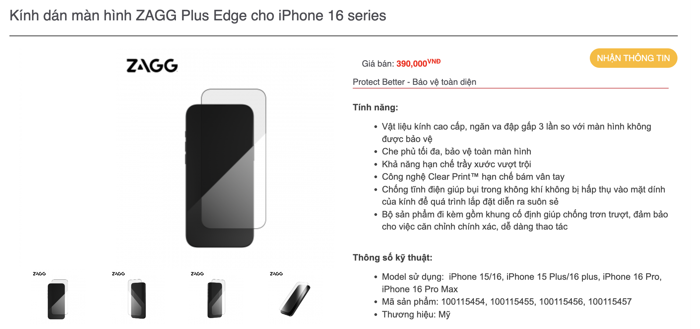 Mô tả Kính cường lực ZAGG các loại: trong, nhám, chống nhìn trộm, bảo vệ mắt, XTR - 1