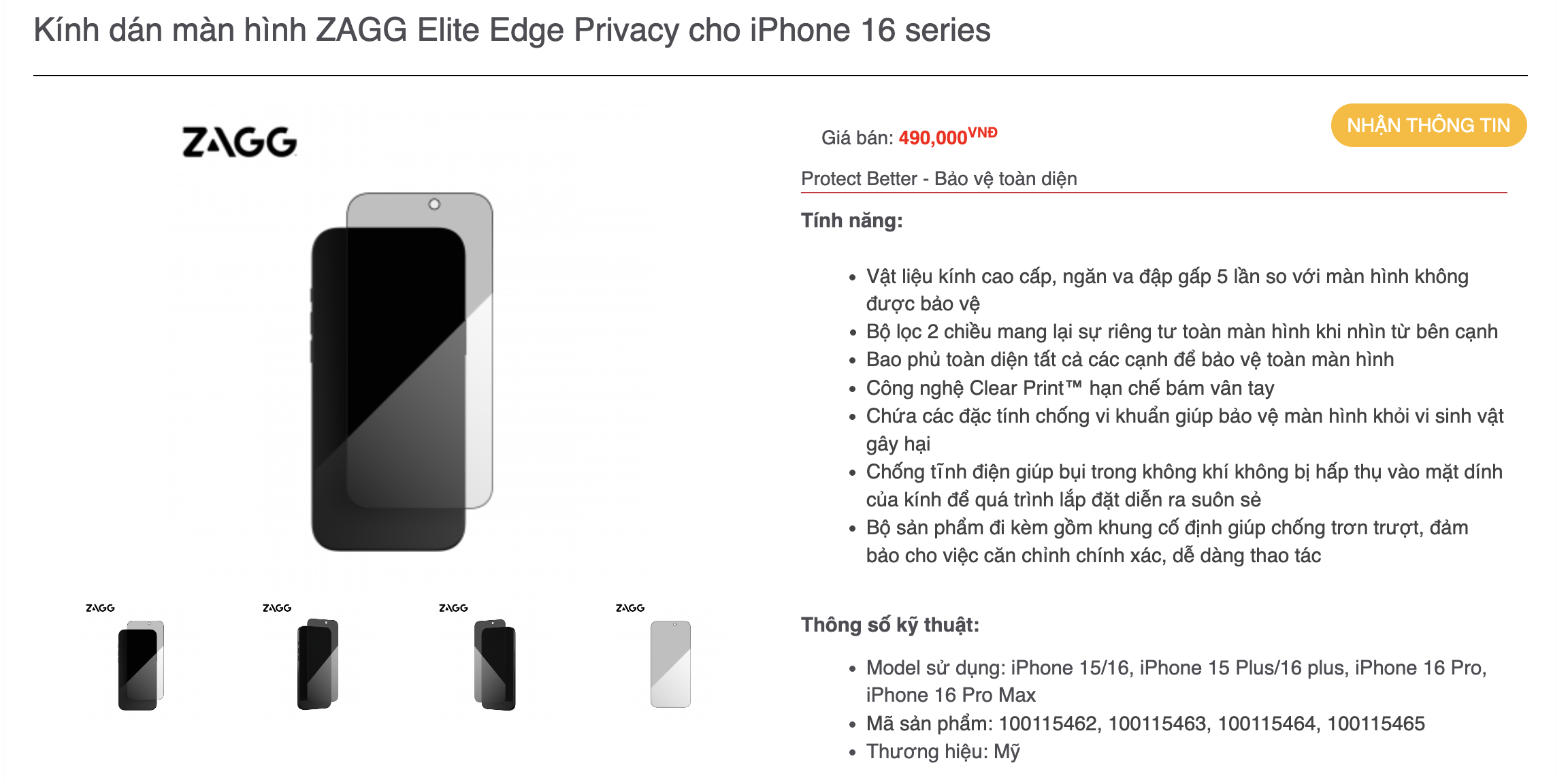 Mô tả Kính cường lực chống nhìn trộm cao cấp ZAGG Elite Edge Privacy, khung hỗ trợ dán BH 1tháng1đổi1 - 1