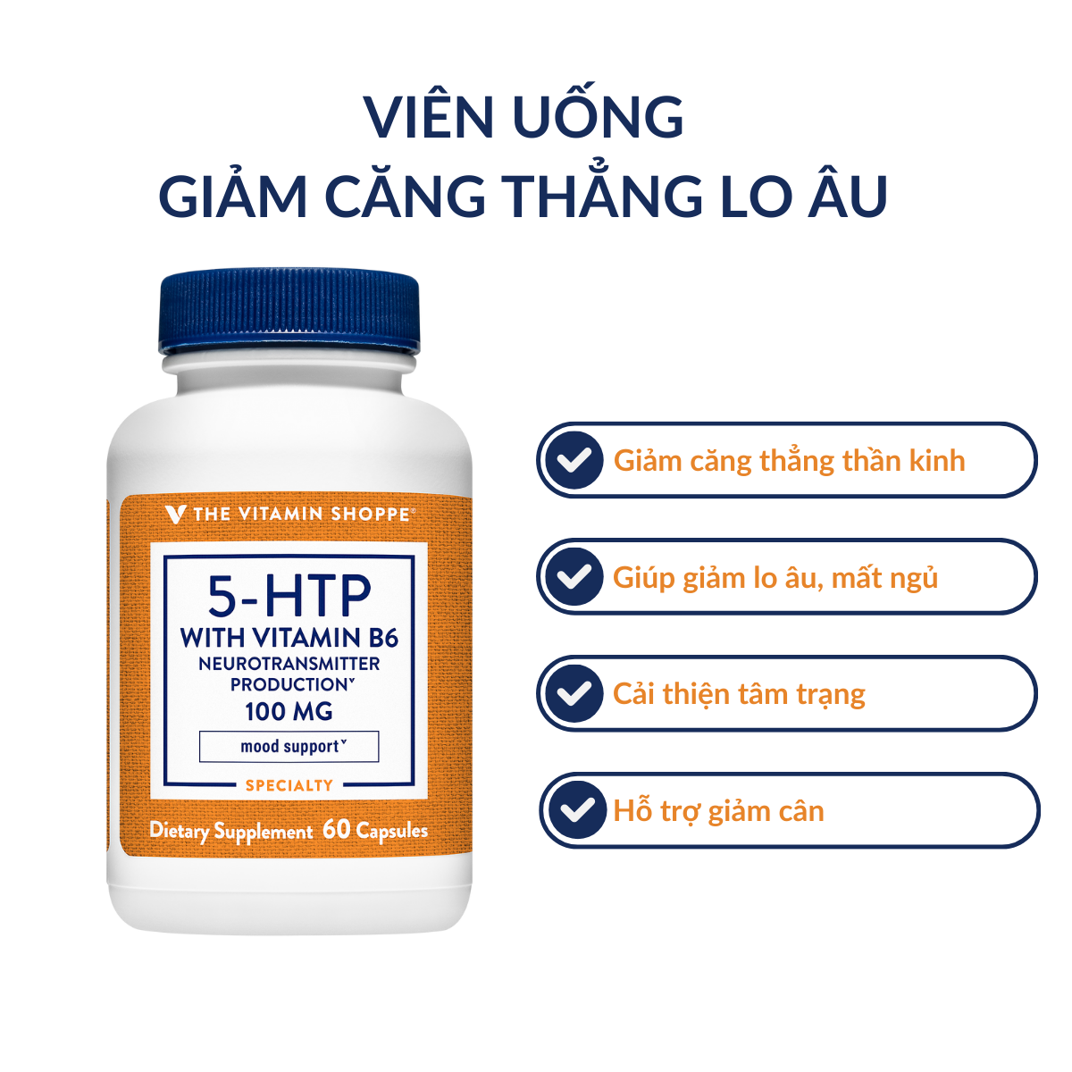 Mô tả Viên uống giảm căng thẳng lo âu THE VITAMIN SHOPPE 5-HTP With Vitamin B6 100MG 60/120 viên - 1