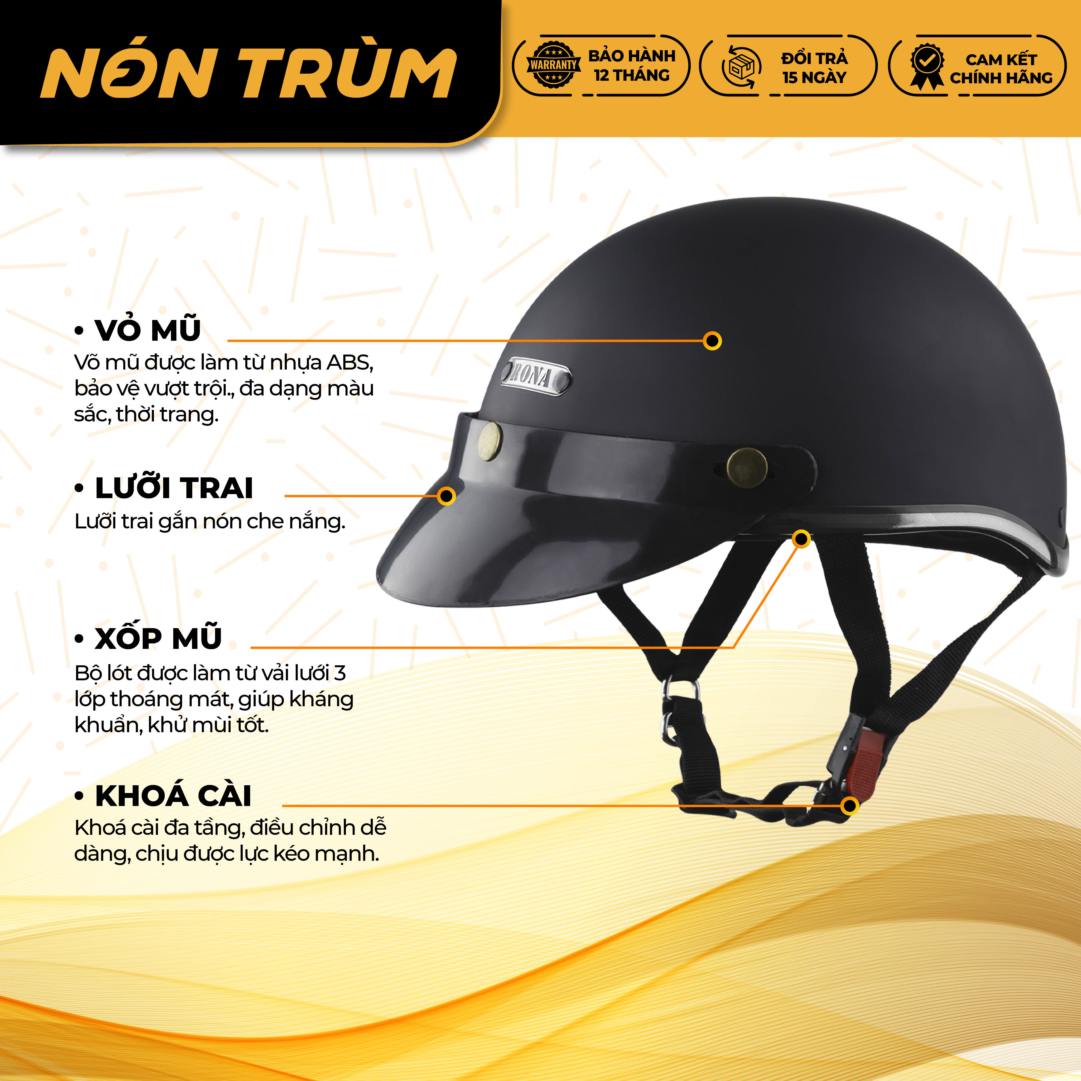 Mô tả Mũ bảo hiểm nửa đầu RONA hali viền bạc cao cấp, bảo hành 12 tháng chính hãng - 7