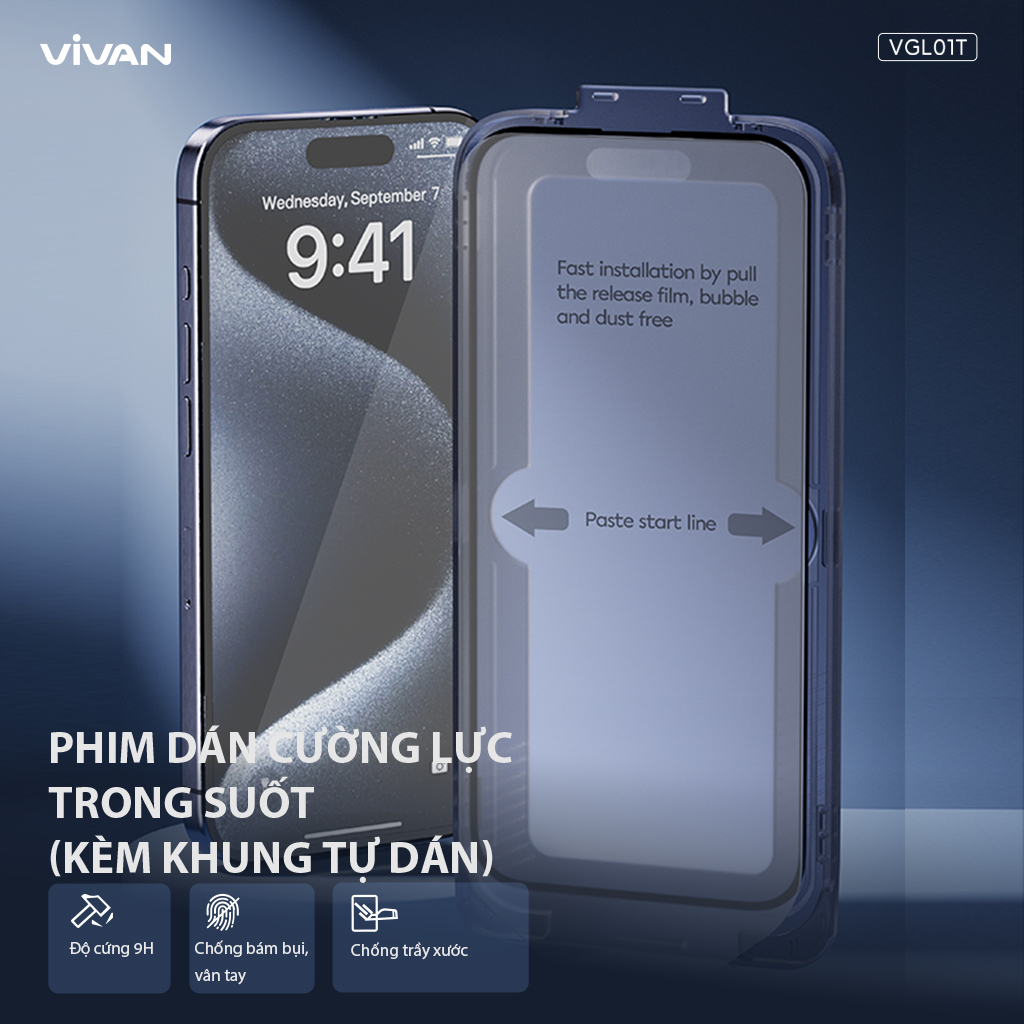 Mô tả Miếng dán cường lực trong suốt VGL01T/VGL04T VIVAN kèm khung tự dán cho điện thoại Táo 15 promax - 1