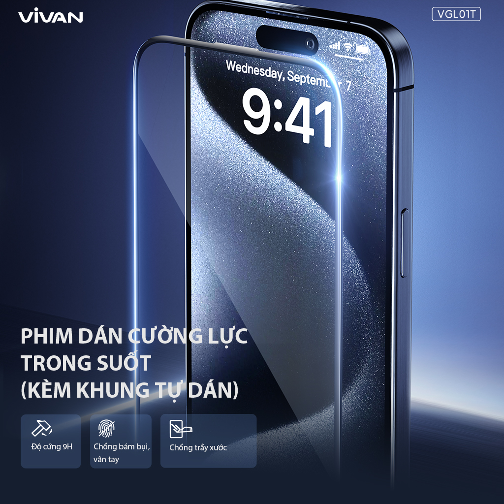 Mô tả Miếng dán cường lực trong suốt VGL01T/VGL04T VIVAN kèm khung tự dán cho điện thoại Táo 15 promax - 3