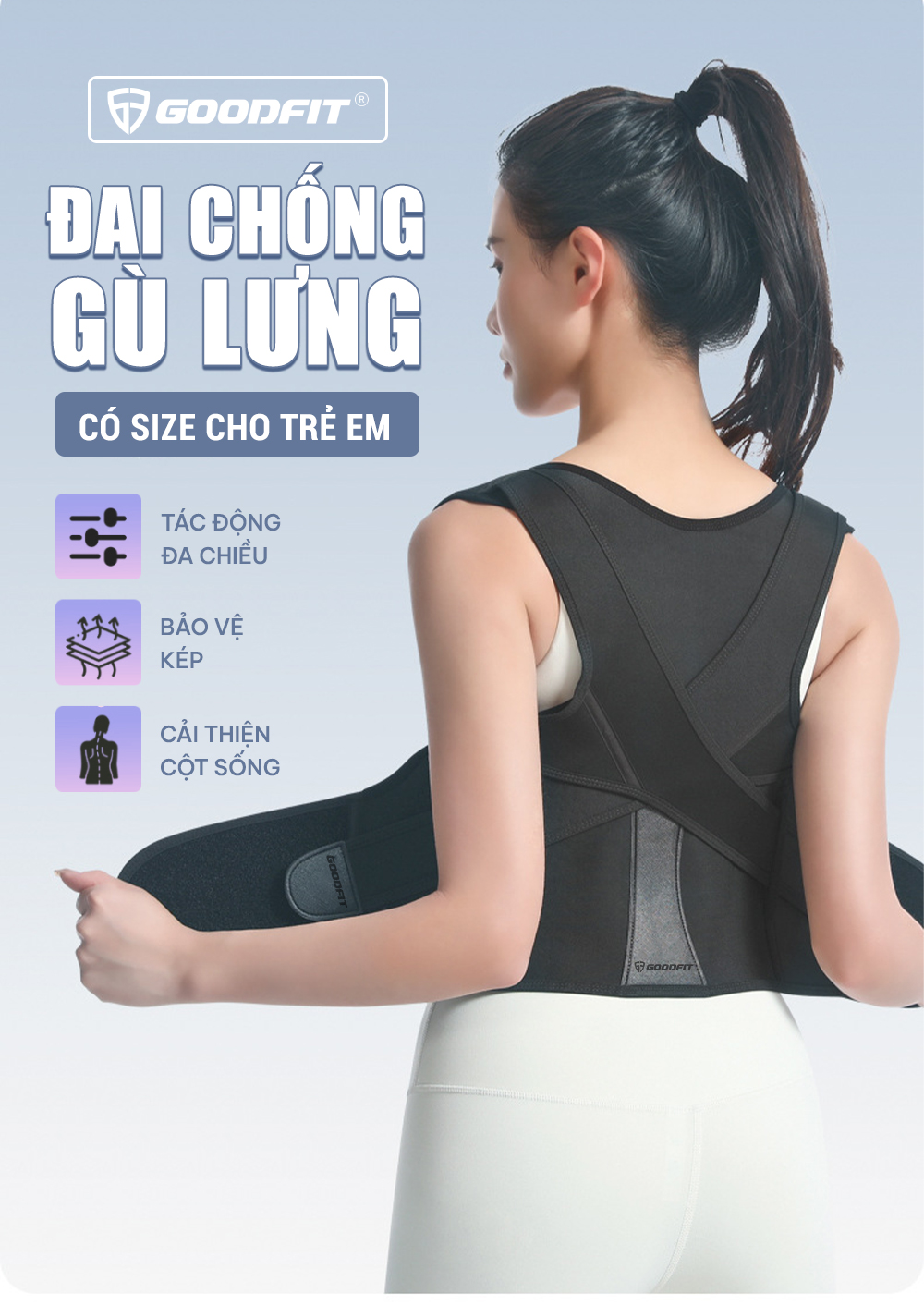 Mô tả Đai chống gù lưng nam, nữ, trẻ em hỗ trợ cải thiện vóc dáng chính hãng GoodFit GF716P - 1