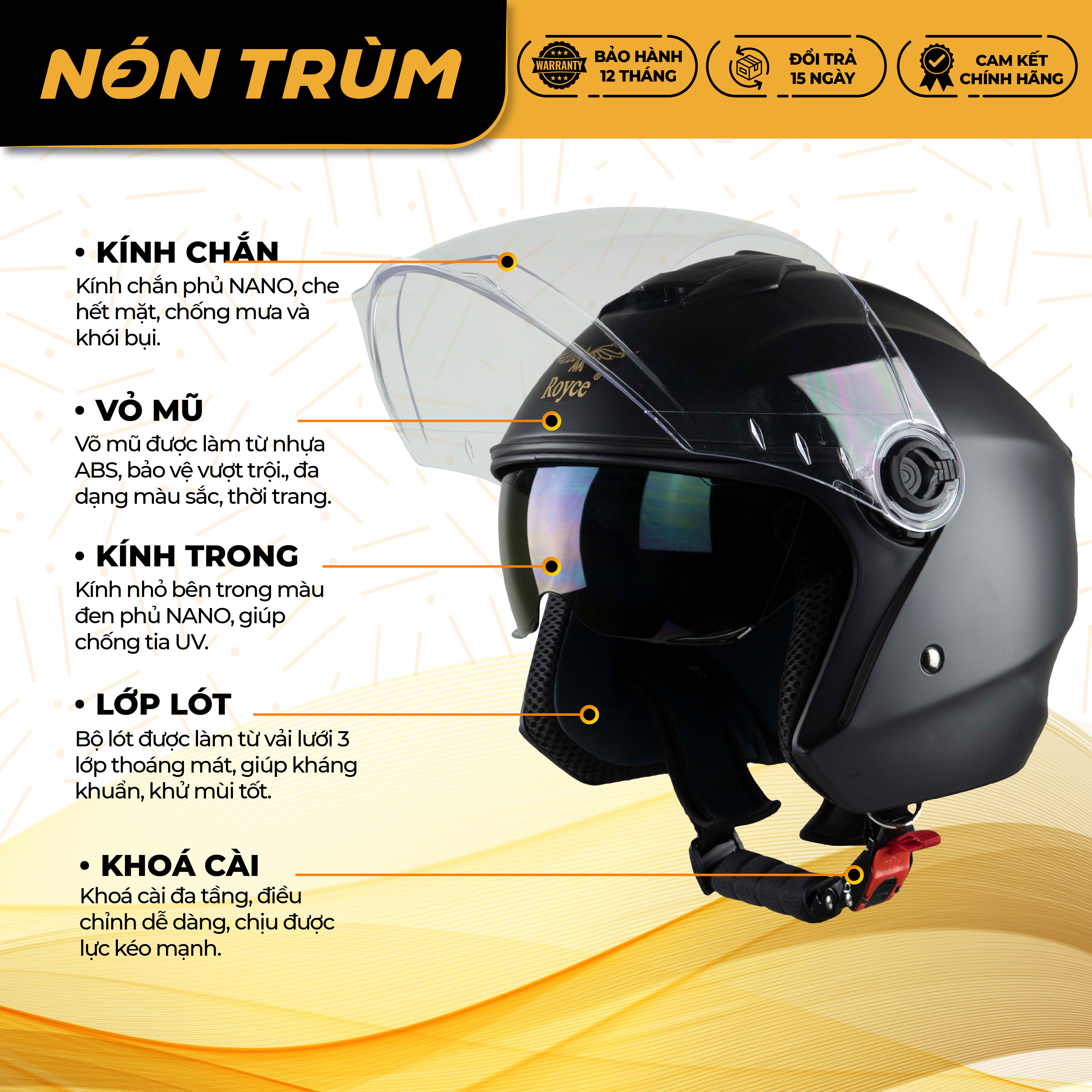 Mô tả Mũ bảo hiểm 3/4 Royce Xh01 có 2 kính chính hãng cho nam nữ đi xe máy bảo hành 12 tháng - 4