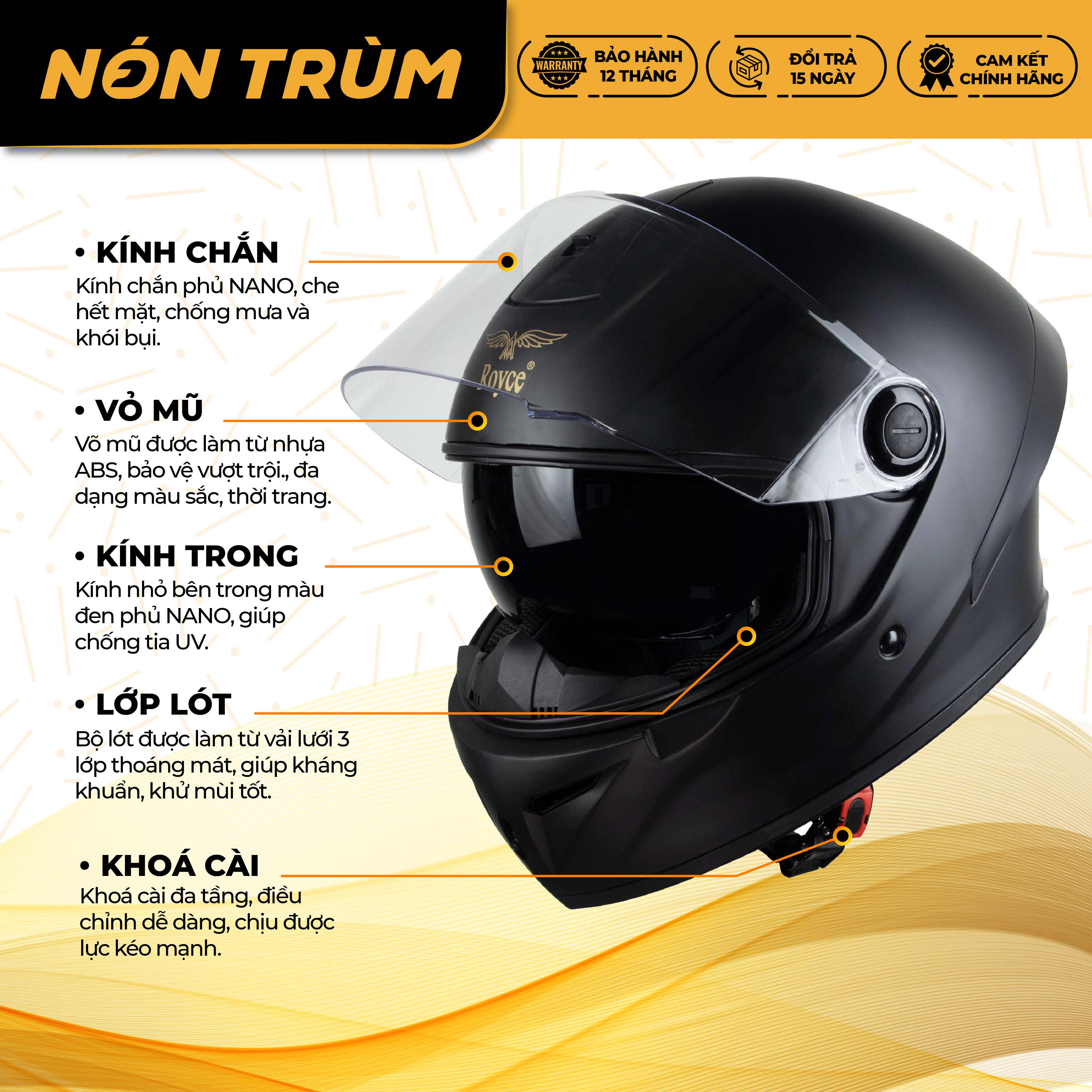 Mô tả Mũ bảo hiểm fullface Royce Xh04 có 2 kính đi xe máy phượt chính hãng - 4