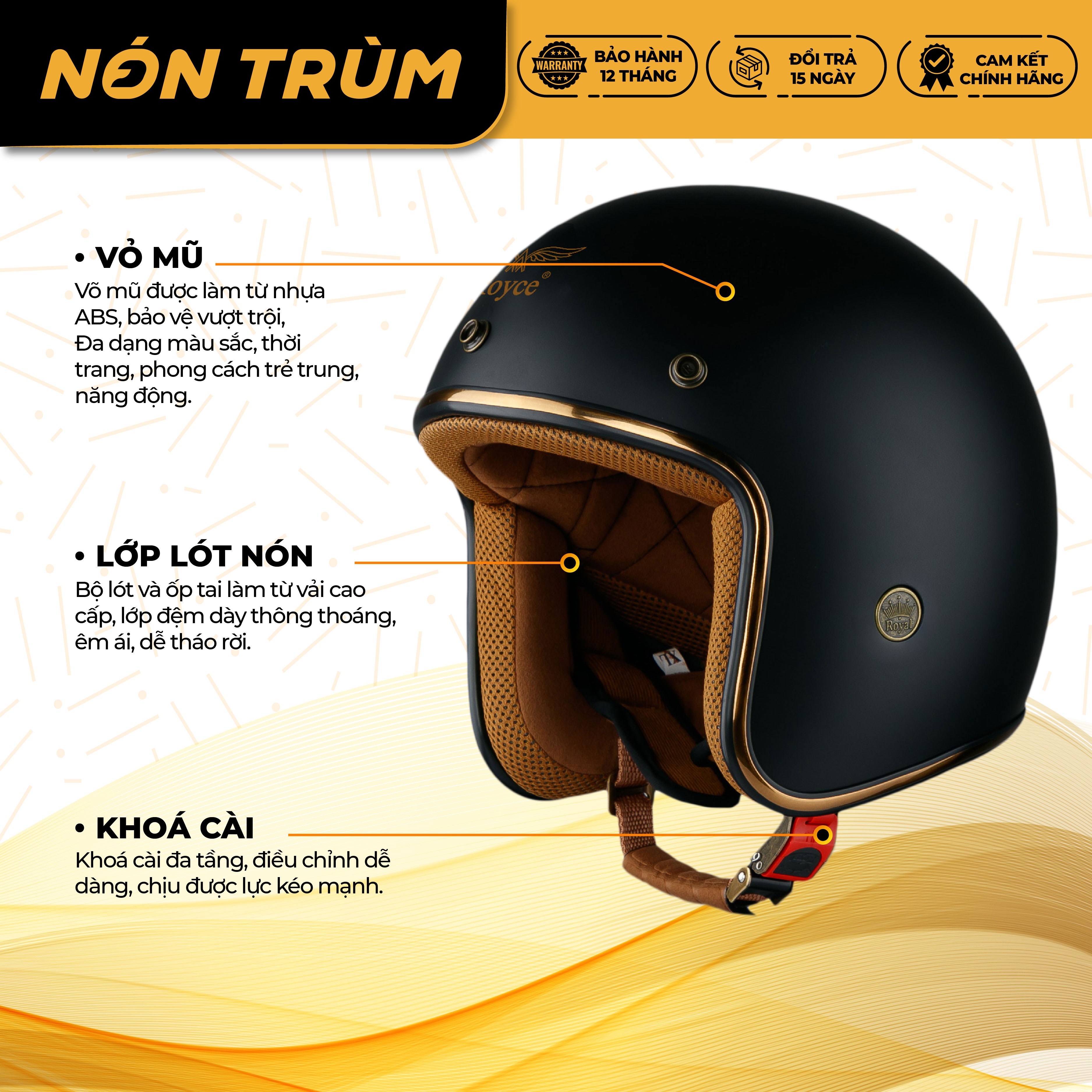 Mô tả Mũ bảo hiểm 3/4 Royce Xh15 có lớp lót tháo lắp dễ dàng đi xe máy cho nam và nữ tại Nón Trùm - 4