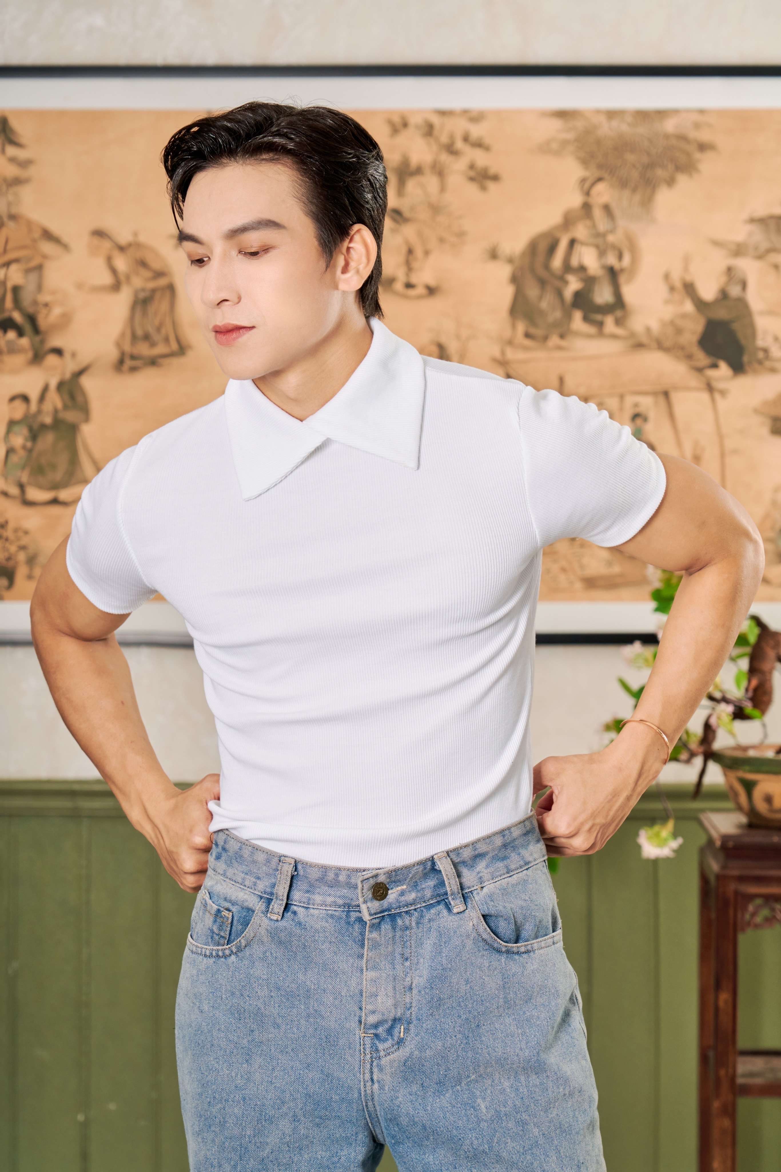 Mô tả Áo Thun Cổ Cao Phối Kiểu Nam Tay Ngắn Form Body Thun Gân Cao Cấp Thương Hiệu Mr Twins - 2