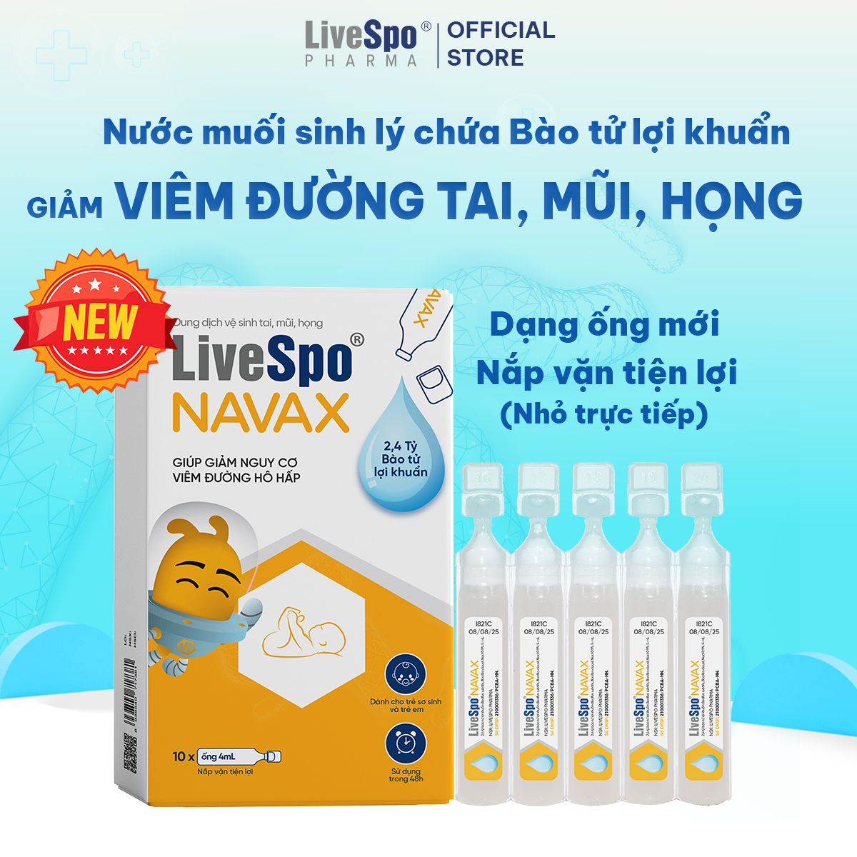 Mô tả Combo 2 Hộp nhỏ mũi cho trẻ giúp giảm nghẹt mũi, viêm mũi LiveSpo Navax sơ sinh - Hộp 10 ống x 4ml - 1