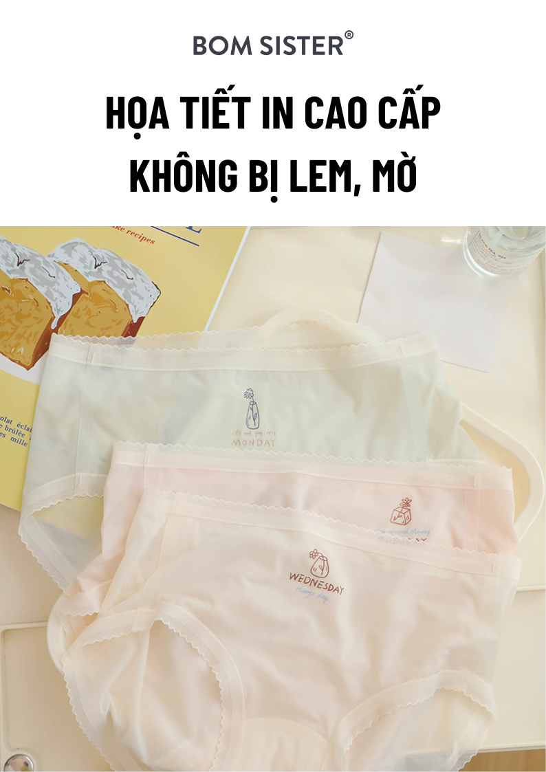 Mô tả Combo 5 ngày quần lót thun co giãn màu trơn, đáy may hai lớp, các ngày trong tuần BOM SISTER Q3674 - 3