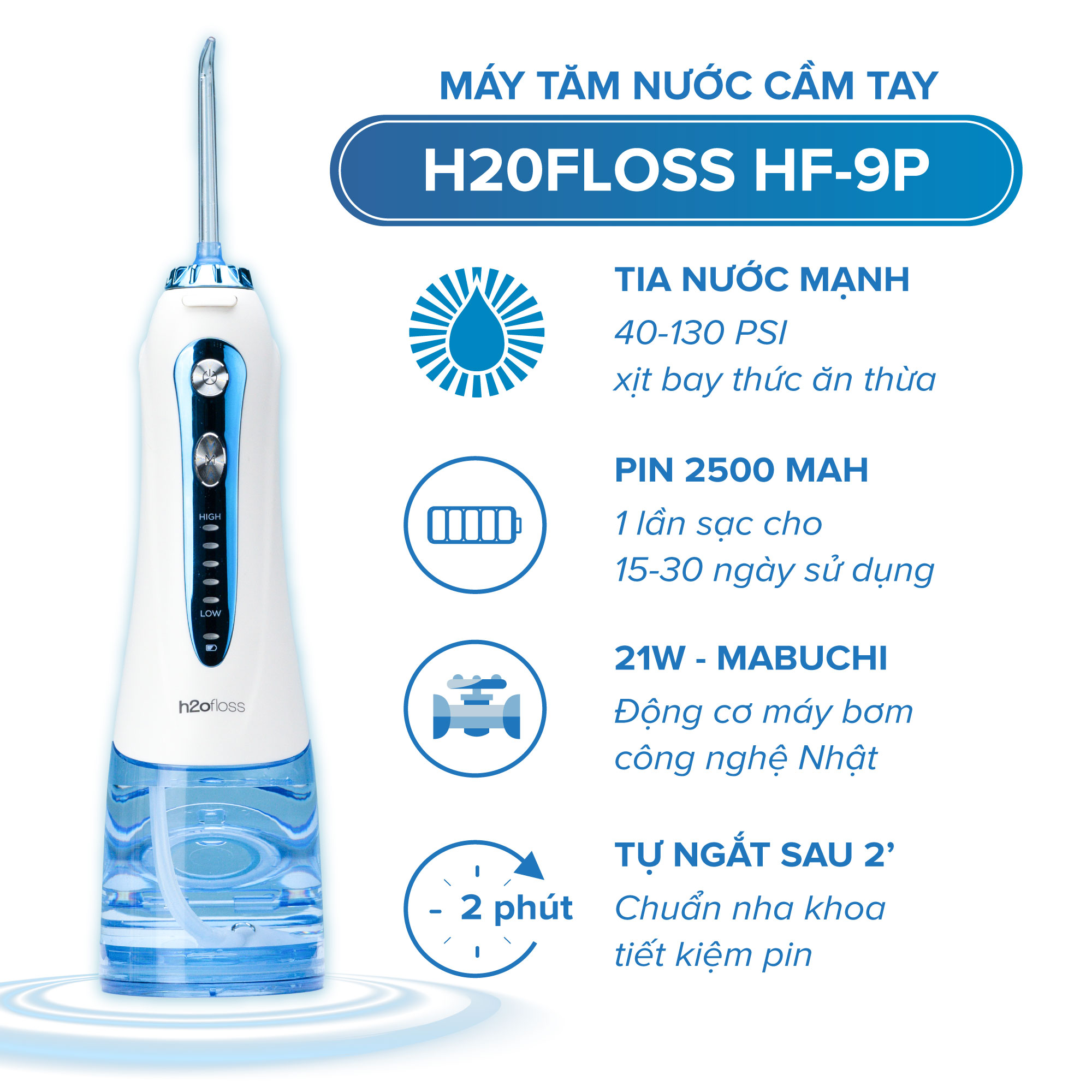 Mô tả Máy Tăm Nước H2OFloss HF6P HF9P [Mẫu Mới] Cải tiến công nghệ tia nước sạch X4 Lần - Đổi mới 12 tháng, Kèm túi đựng máy - 6