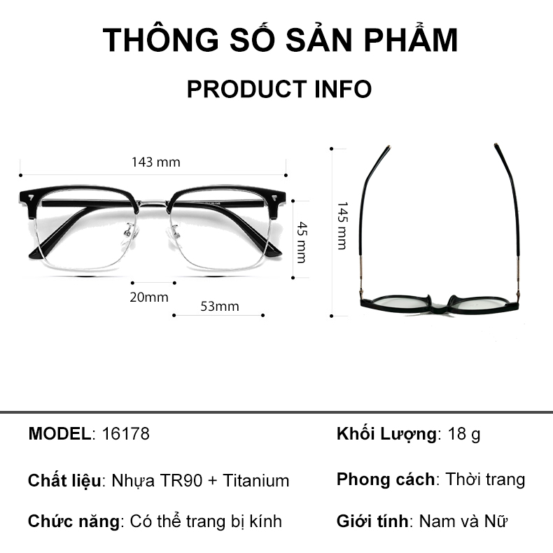 Mô tả Gọng kính cận nửa viền thời trang nam nữ ANDU dáng chữ nhật chống tia UV chất liệu kim loại- 16178 - 2