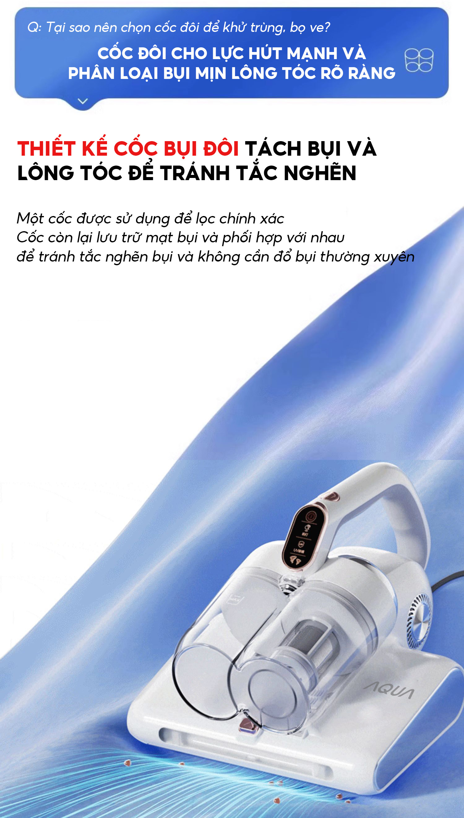 Mô tả Máy hút bụi giường nệm Aqua CMP105R 14,000Pa hút được tóc, hạt, bụi mịn, có tia UV, sấy nóng 56 độ - 2
