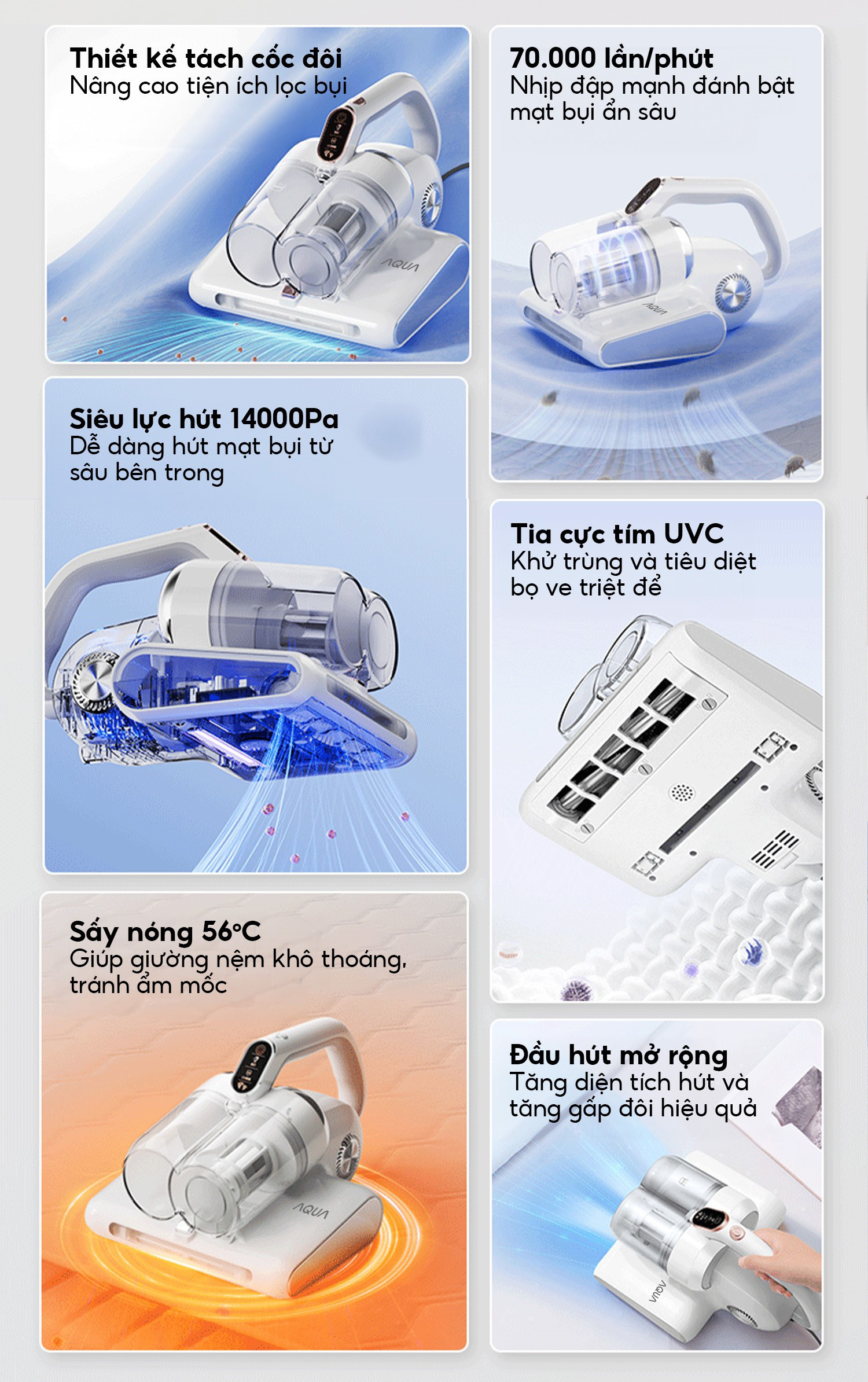 Mô tả Máy hút bụi giường nệm Aqua CMP105R 14,000Pa hút được tóc, hạt, bụi mịn, có tia UV, sấy nóng 56 độ - 3