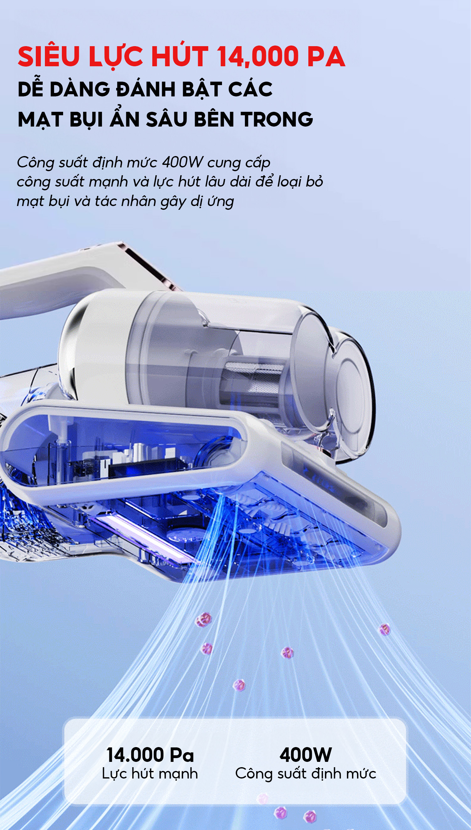 Mô tả Máy hút bụi giường nệm Aqua CMP105R 14,000Pa hút được tóc, hạt, bụi mịn, có tia UV, sấy nóng 56 độ - 6