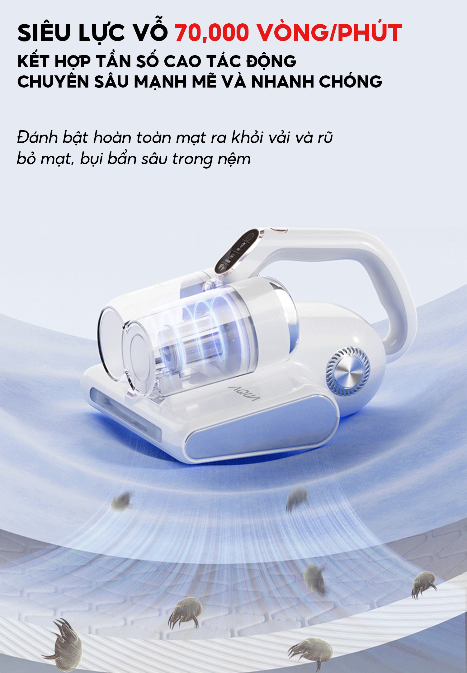 Mô tả Máy hút bụi giường nệm Aqua CMP105R 14,000Pa hút được tóc, hạt, bụi mịn, có tia UV, sấy nóng 56 độ - 9