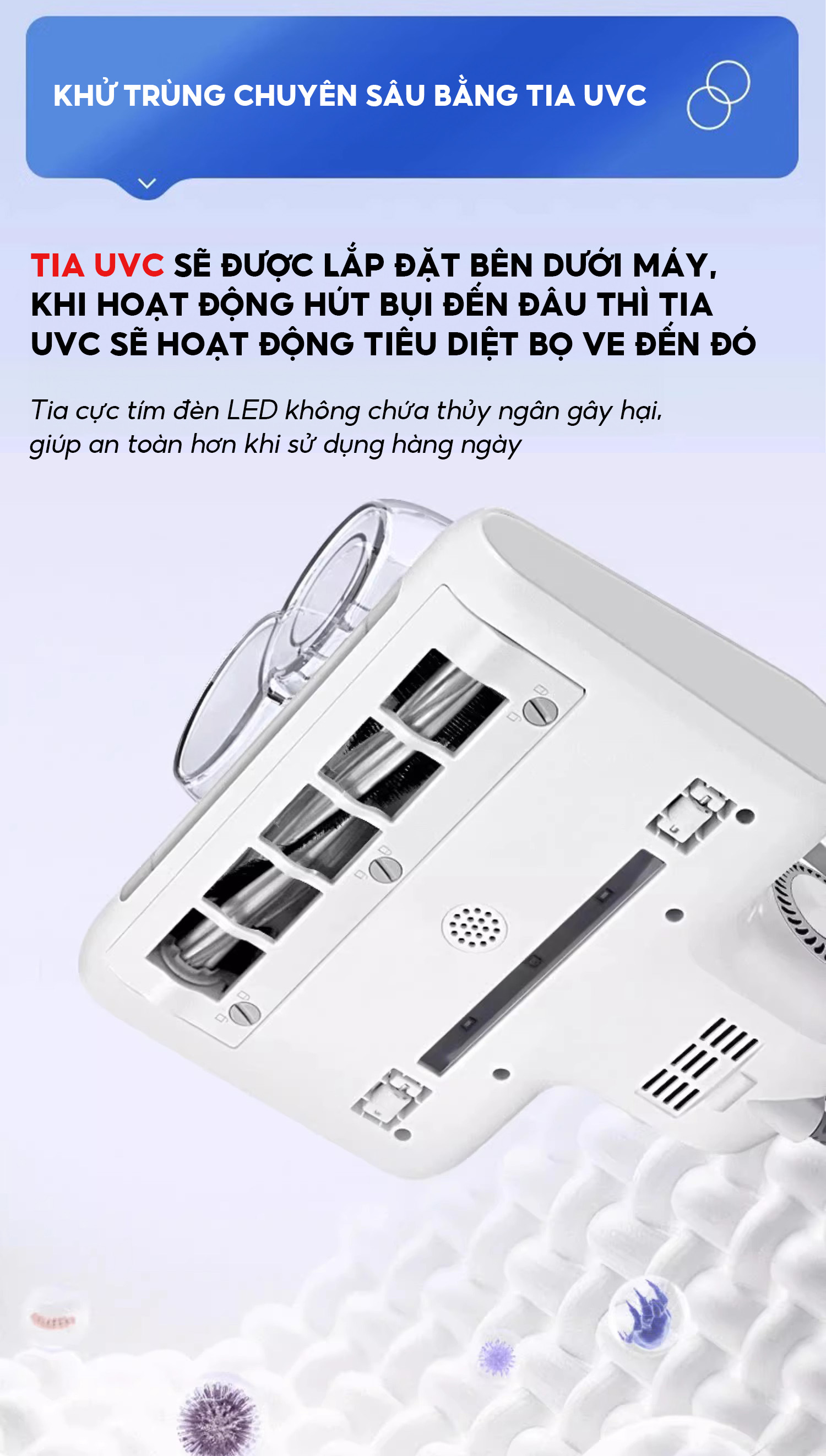 Mô tả Máy hút bụi giường nệm Aqua CMP105R 14,000Pa hút được tóc, hạt, bụi mịn, có tia UV, sấy nóng 56 độ - 10