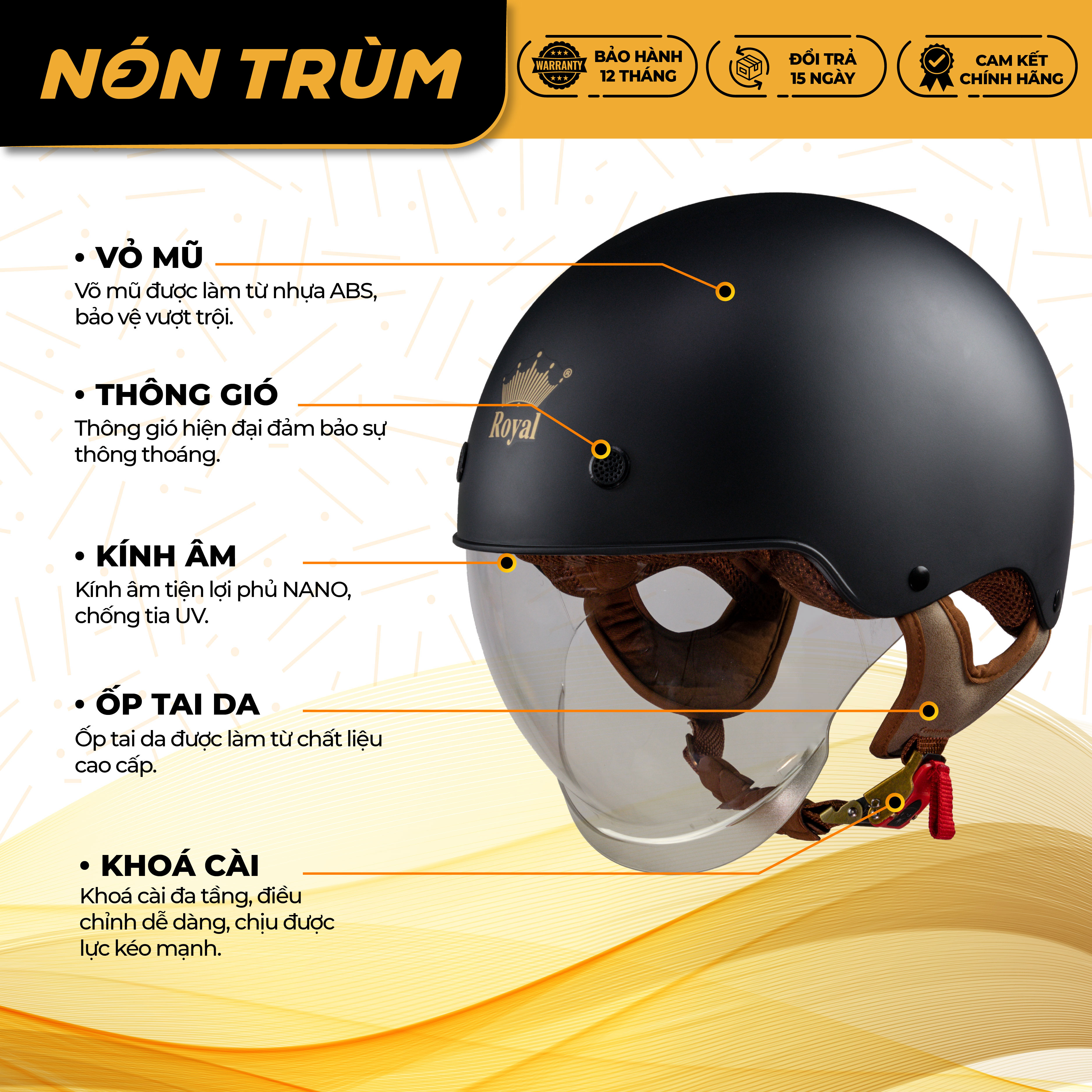 Mô tả Mũ bảo hiểm nửa đầu Royal M239 kính âm che mặt size M L XL XXL cho nam và nữ đi xe máy chính hãng - 7