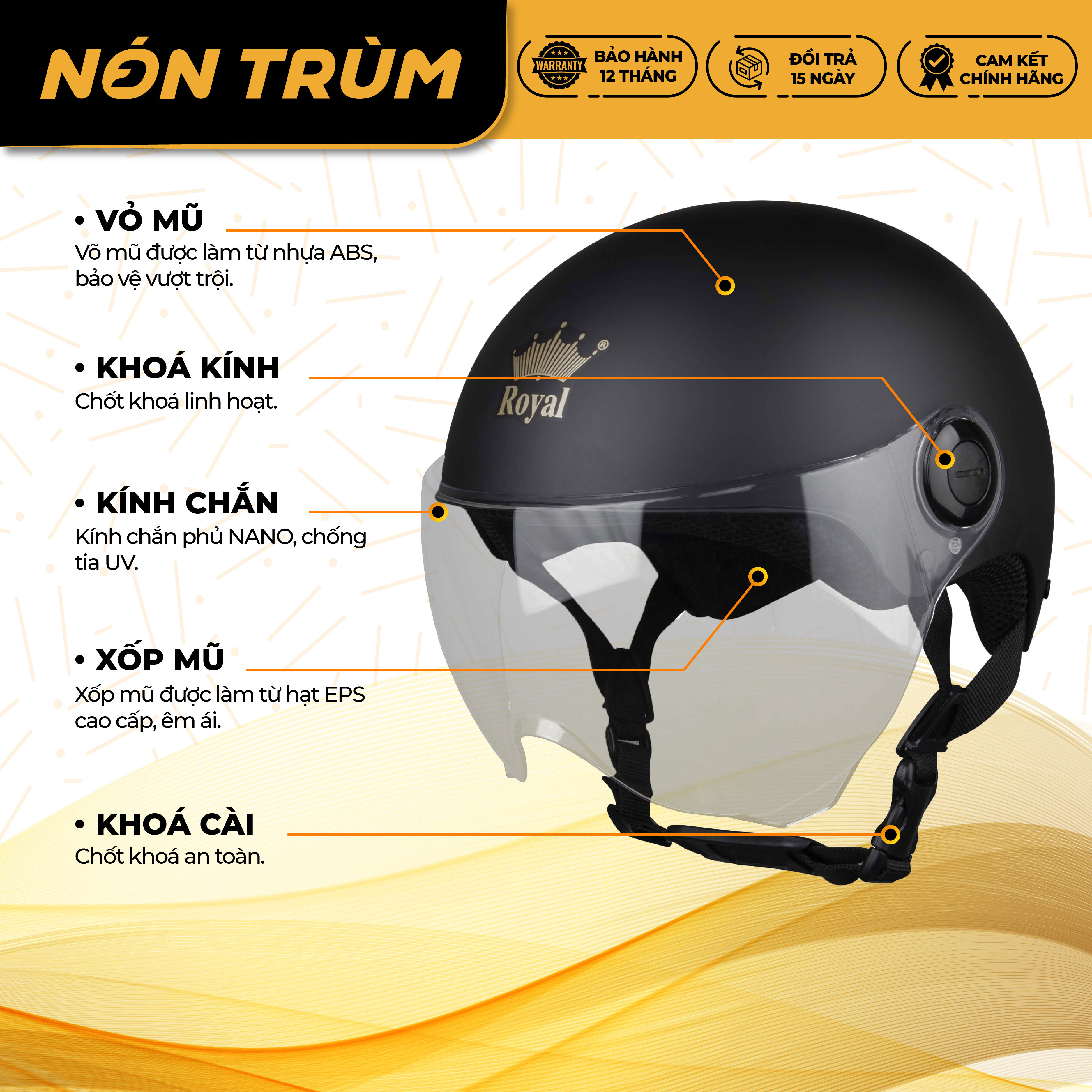 Mô tả Mũ bảo hiểm nửa đầu Royal M162K có kính chắn che mặt đi xe máy chính hãng bảo hành 12 tháng - 4