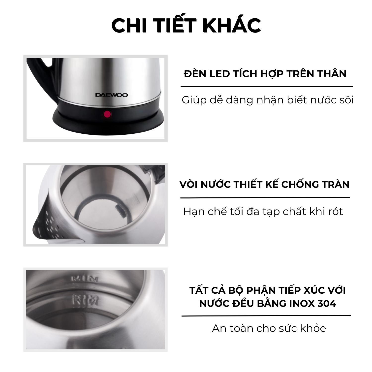 Mô tả Ấm siêu tốc inox 304 cao cấp đảm bảo an toàn 1.8L Daewoo DWK-S1805 đế xoay 360 độ  - Hàng chính hãng BH 2 năm - 1