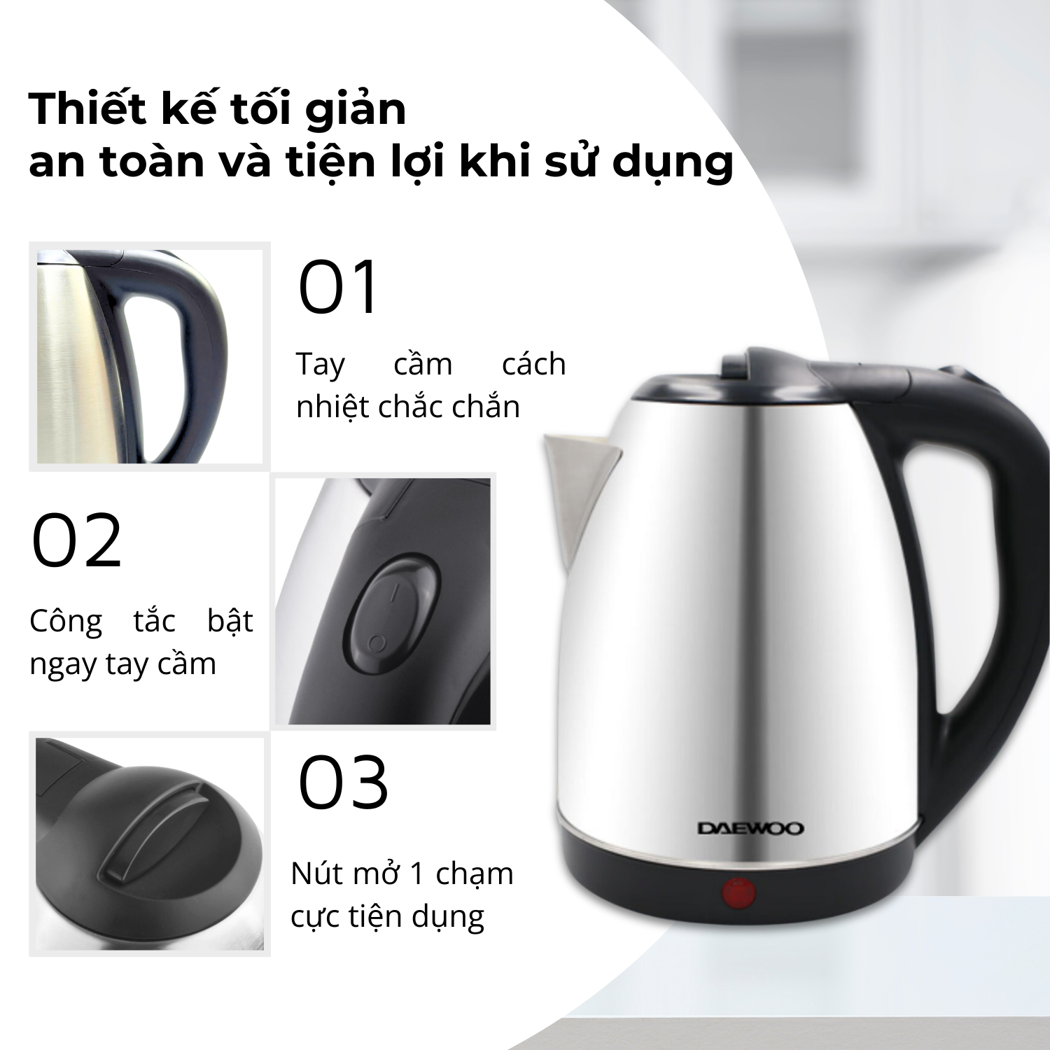Mô tả Ấm siêu tốc inox 304 cao cấp đảm bảo an toàn 1.8L Daewoo DWK-S1805 đế xoay 360 độ  - Hàng chính hãng BH 2 năm - 3