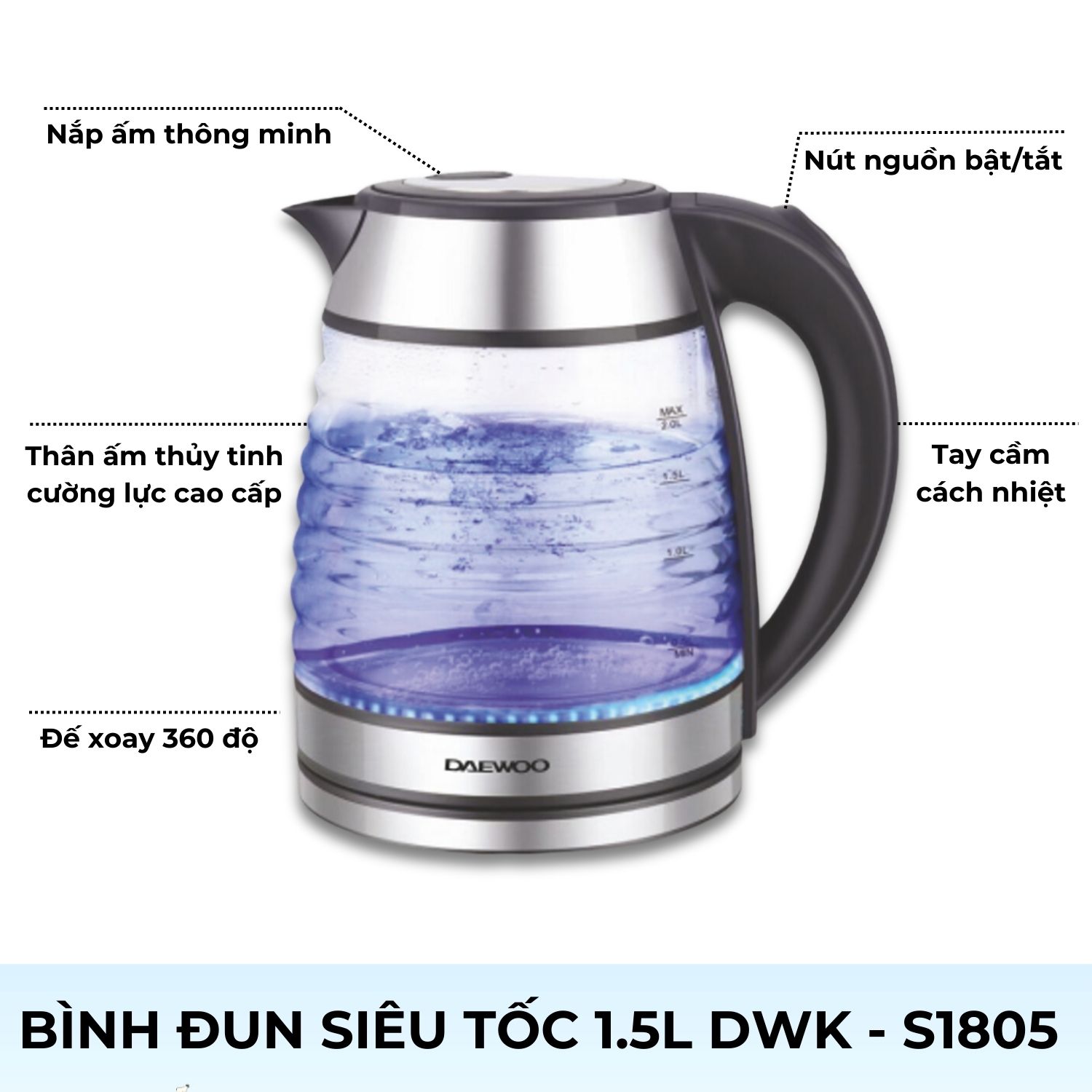 Mô tả Ấm siêu tốc thủy tinh cao cấp 1.7L Daewoo DWK-GL1803 thiết kế vỏ sò đèn LED độc đáo  - Hàng chính hãng BH 2 năm - 3