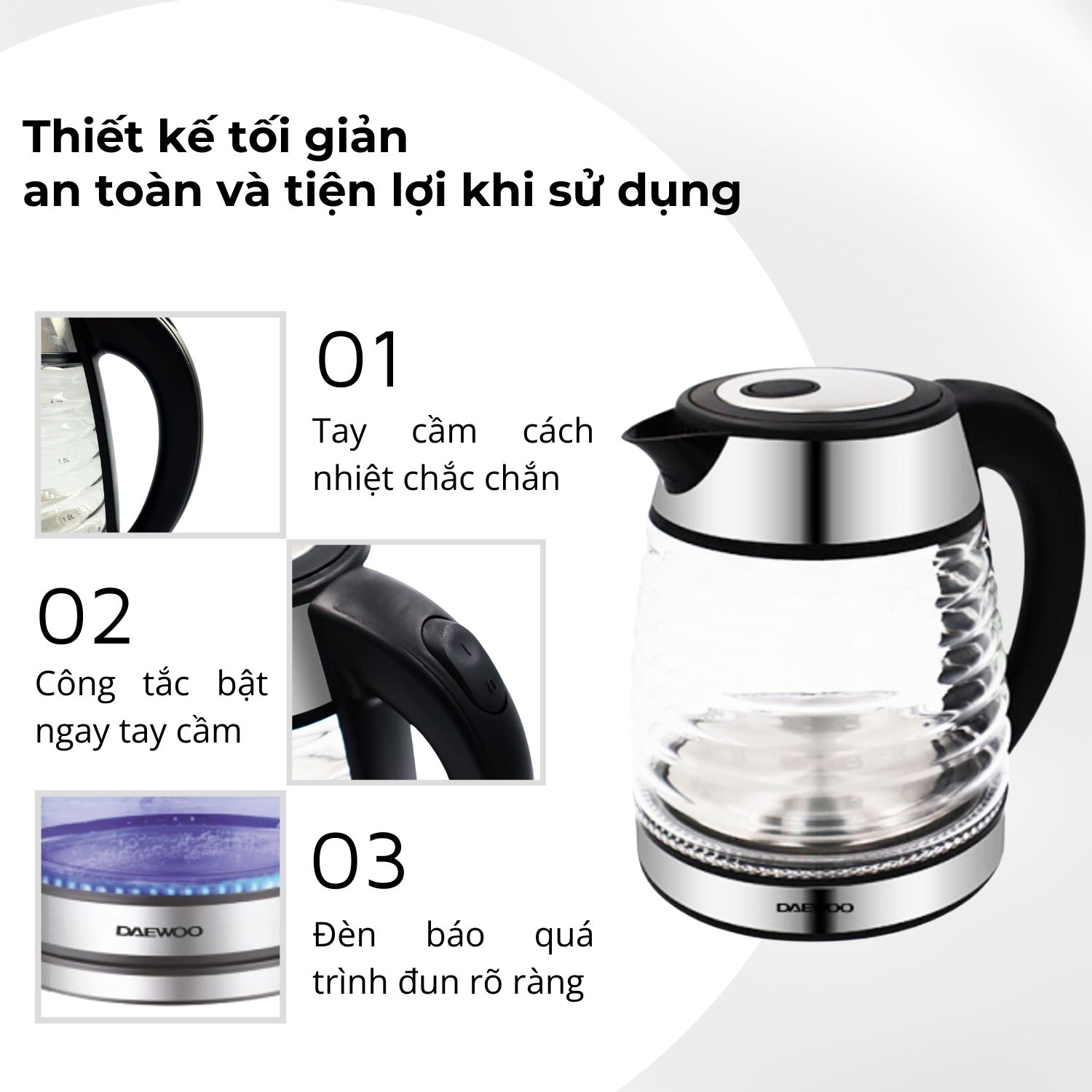 Mô tả Ấm siêu tốc thủy tinh cao cấp 1.7L Daewoo DWK-GL1803 thiết kế vỏ sò đèn LED độc đáo  - Hàng chính hãng BH 2 năm - 4